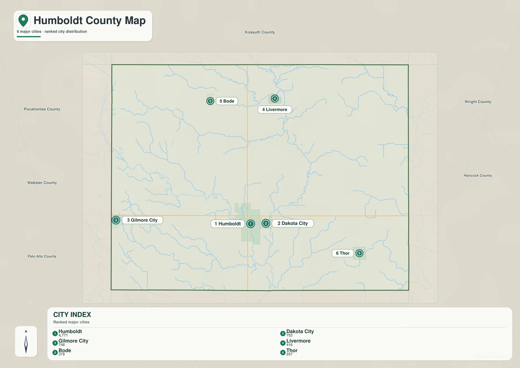 Humboldt County Iowa Humboldt Dakota City Gilmore City Livermore Bode Thor 도시 지도