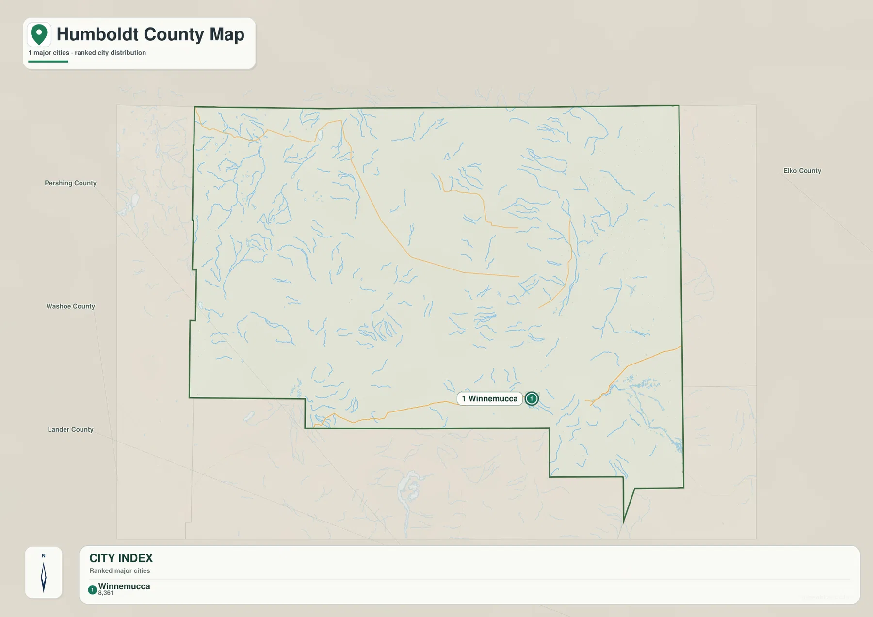 Winnemucca 한 곳을 주요 도시로 표시한 Humboldt County 도시 분포 지도