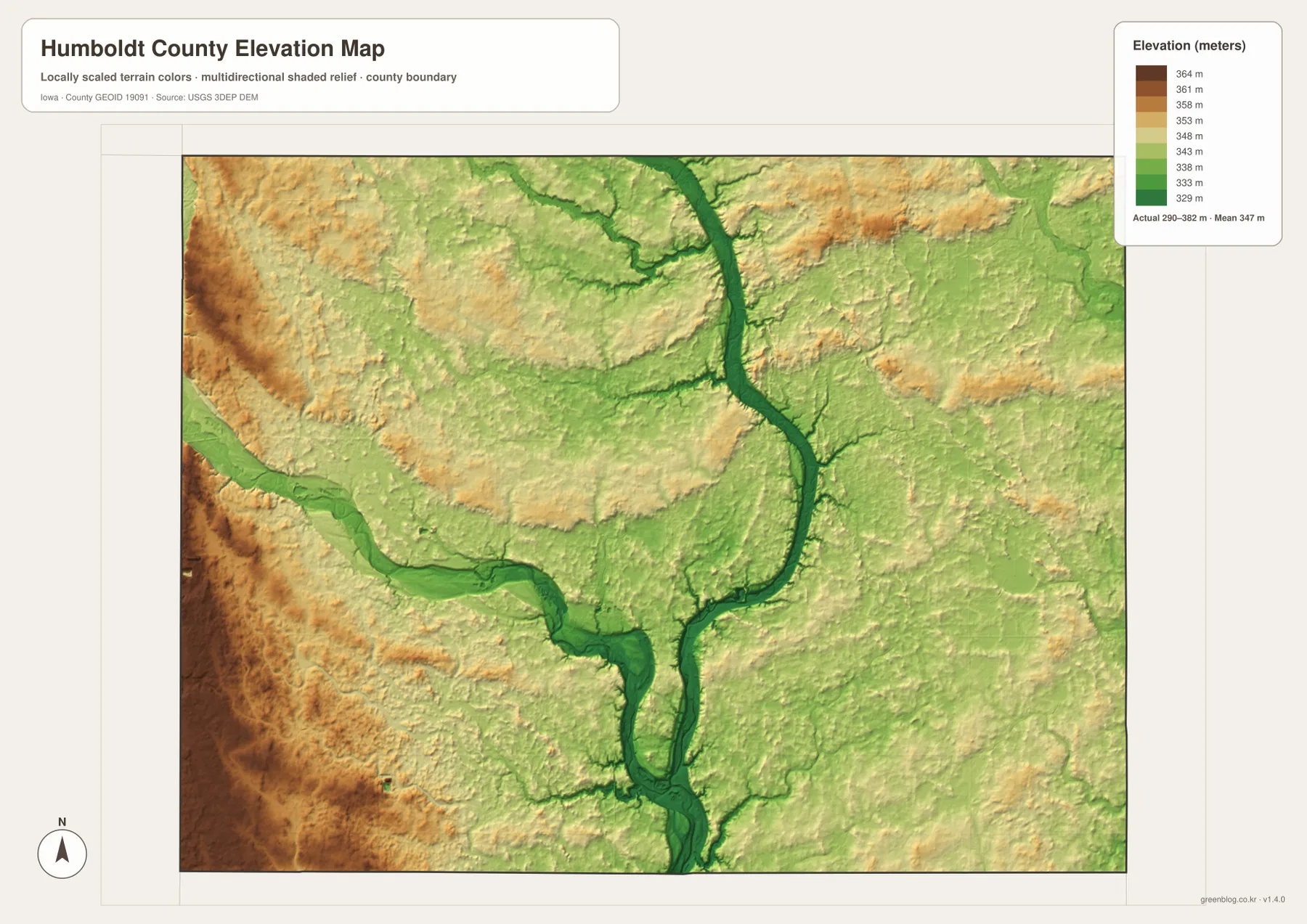 Humboldt County Iowa 290 382m 고도 서부 고지 Des Moines River 저지 지도