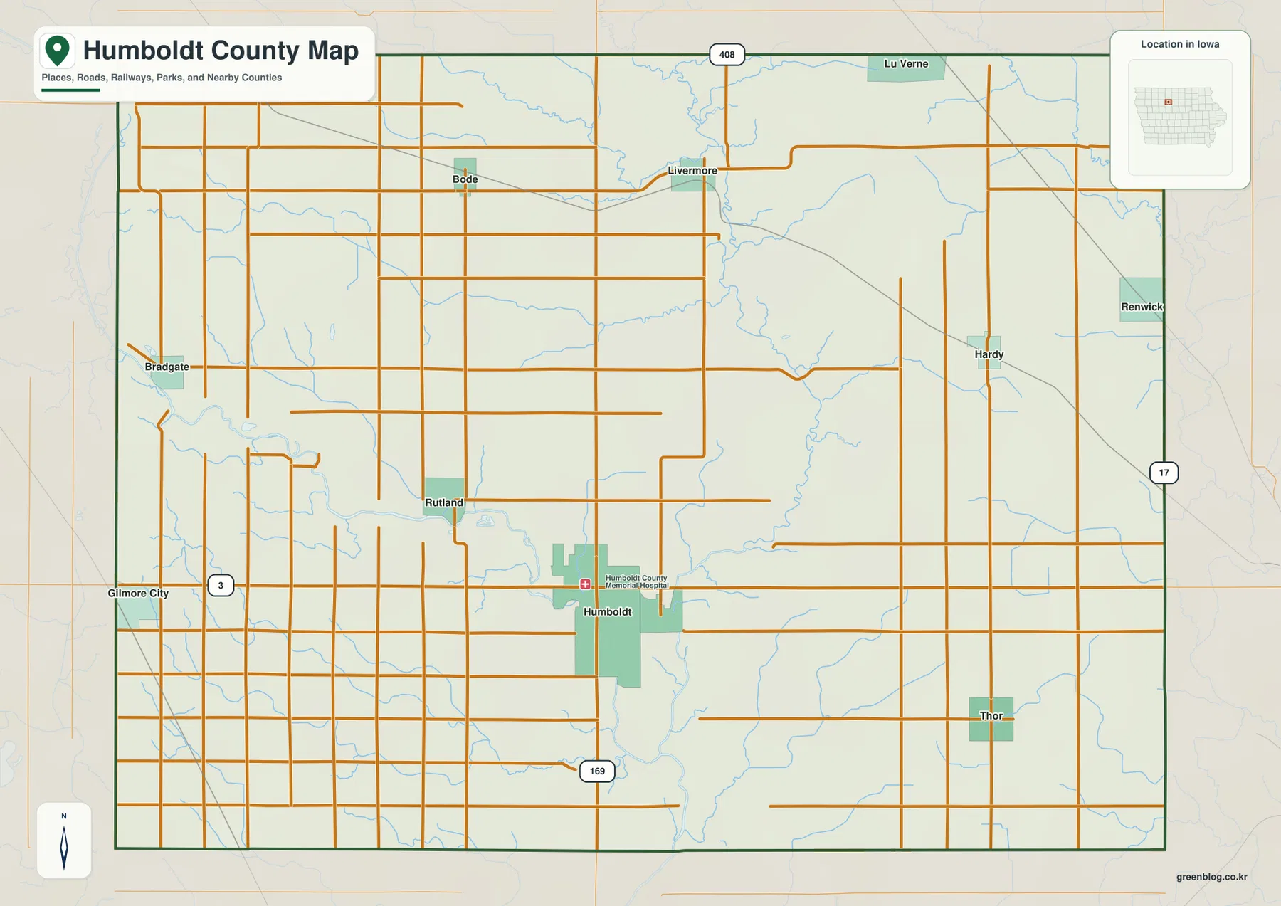 아이오와주 Humboldt County Humboldt Gilmore City Iowa 3 U.S. 169 카운티 지도