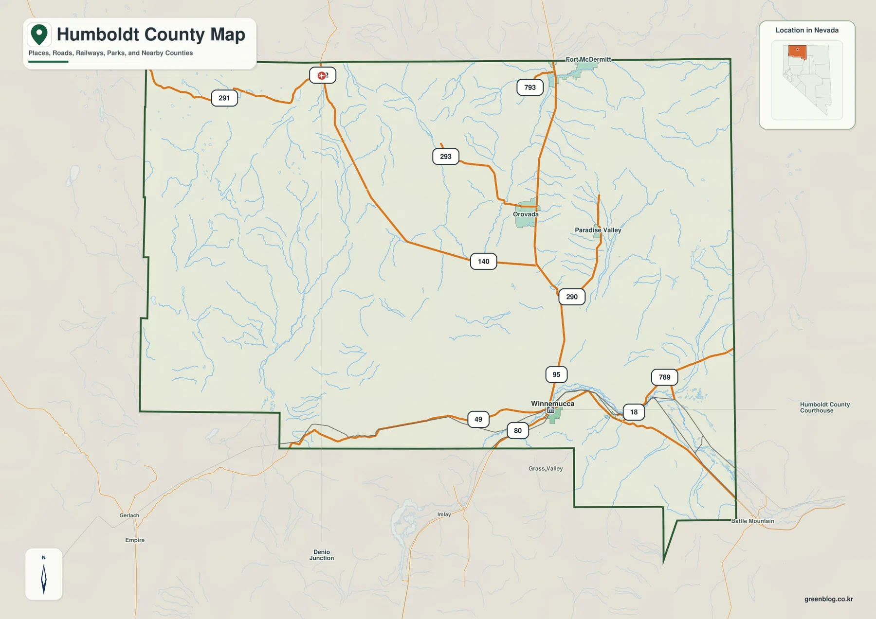 Winnemucca, Orovada, Paradise Valley, Fort McDermitt와 I-80, U.S. 95를 표시한 Humboldt County Nevada 지도