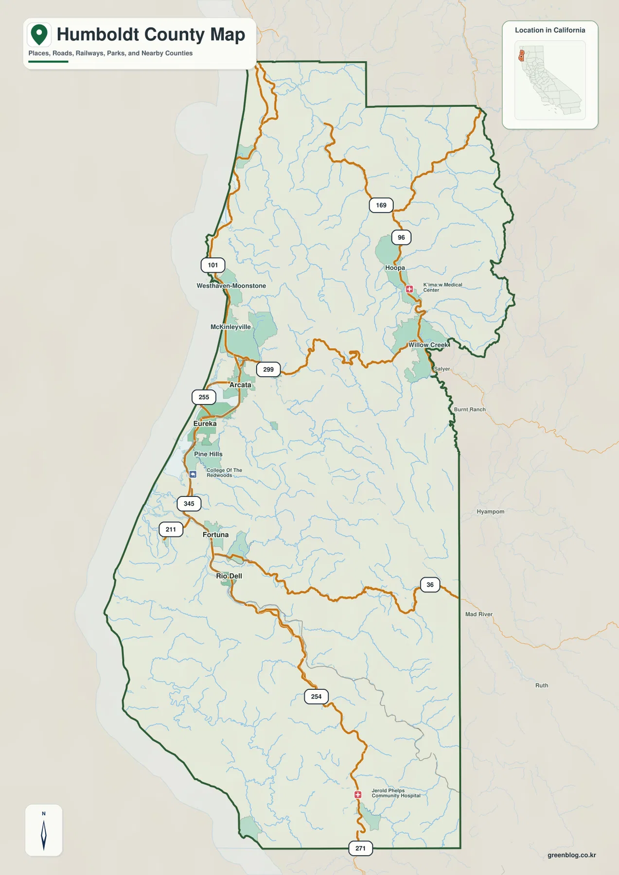 Humboldt County California reference map showing Eureka, Arcata, McKinleyville, Fortuna, Rio Dell, Hoopa, Willow Creek, highways, streams, and county boundary