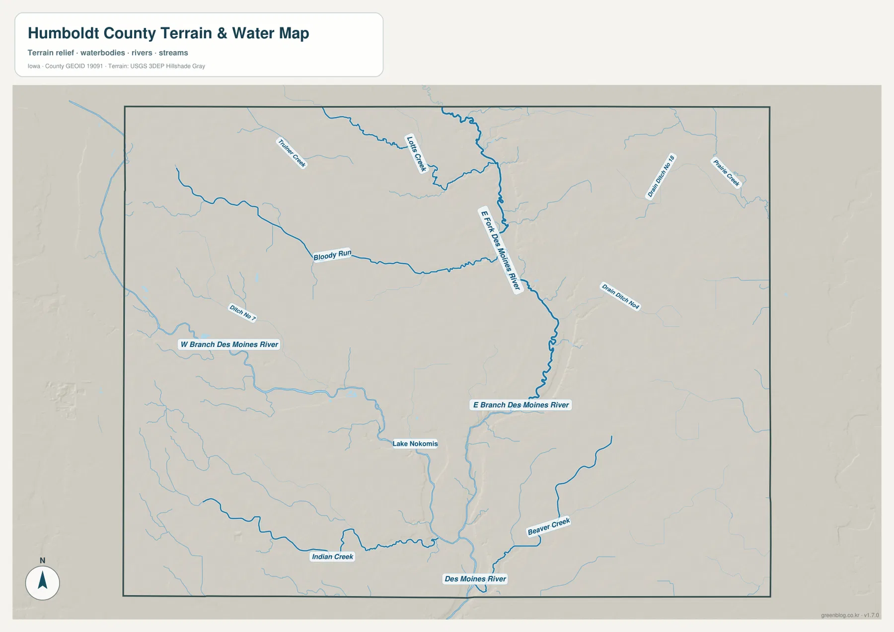 Humboldt County Iowa East Branch Des Moines River West Branch Des Moines River Des Moines River 물 지형 지도