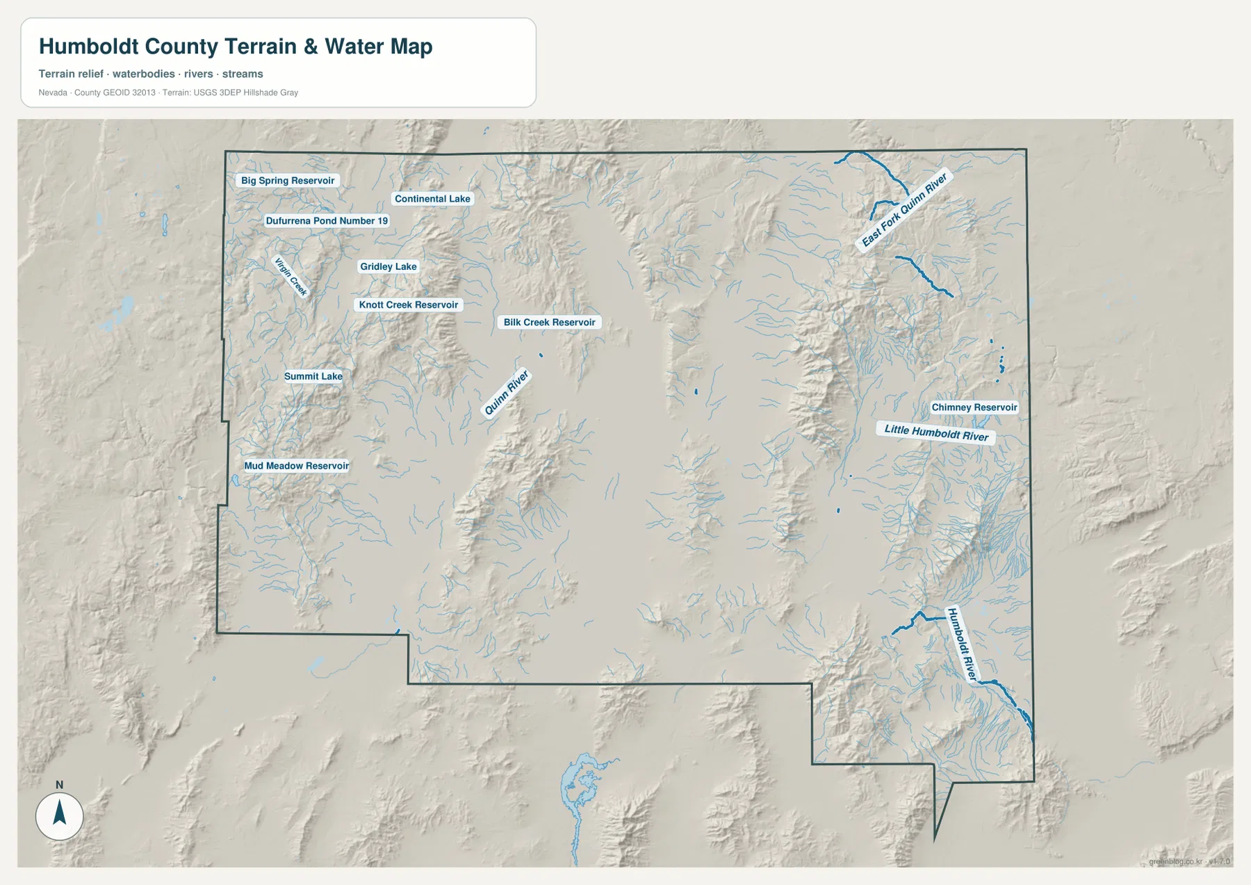 Humboldt River, Little Humboldt River, Quinn River, East Fork Quinn River, Summit Lake와 주요 저수지를 표시한 Humboldt County 수역 지도