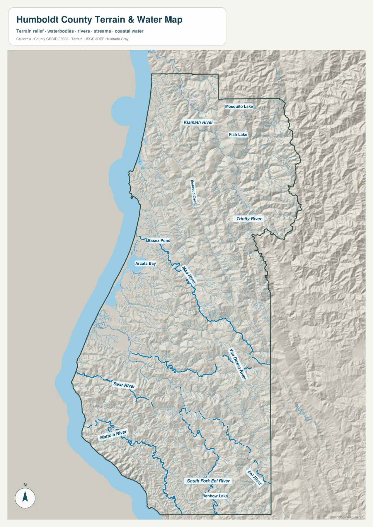 Humboldt County terrain and water map showing Klamath River, Trinity River, Mad River, Eel River, Van Duzen River, Mattole River, lakes, and Pacific coast