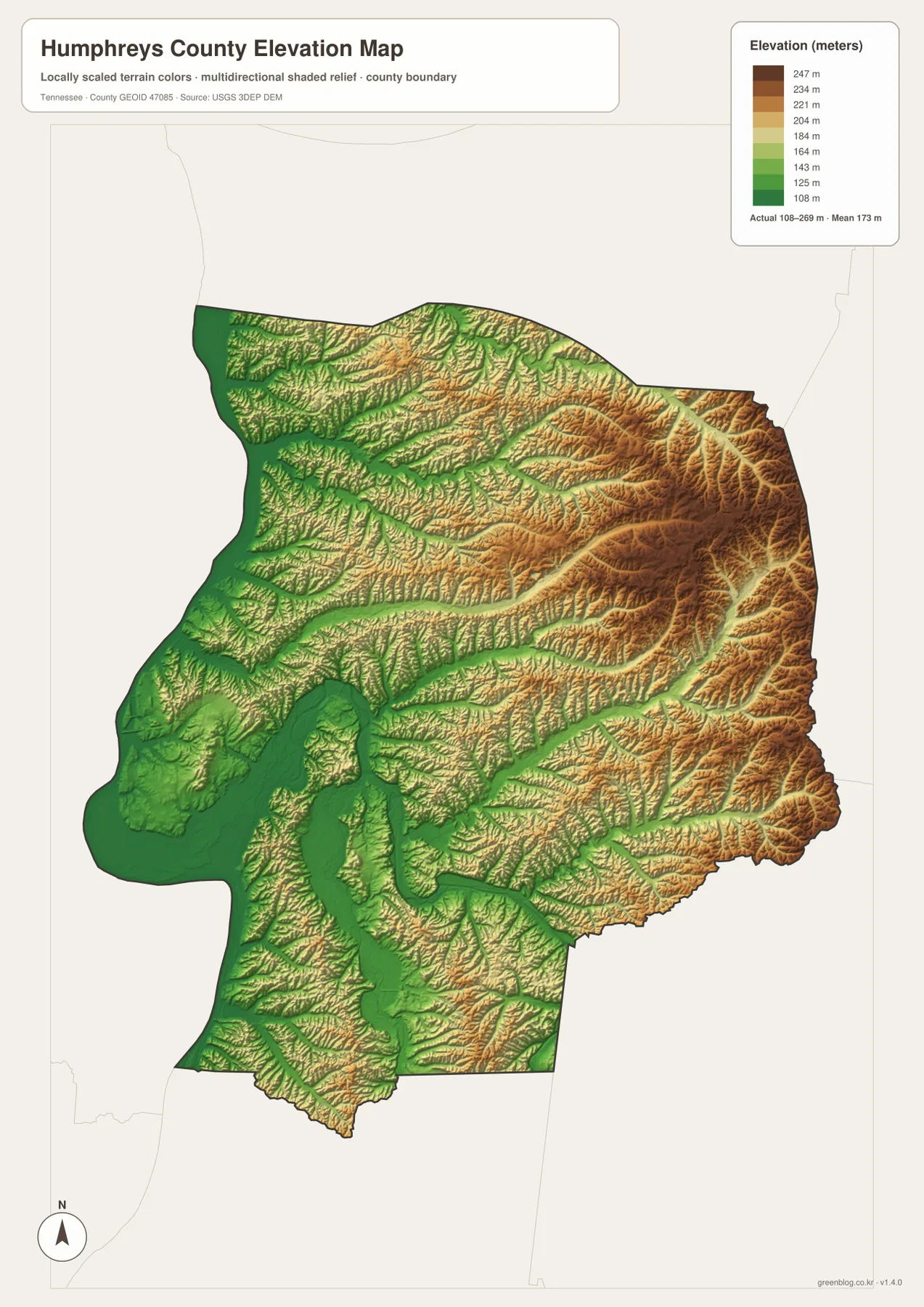 Humphreys County Tennessee elevation map showing 108 to 269 meter relief, western river lowlands and higher eastern ridges