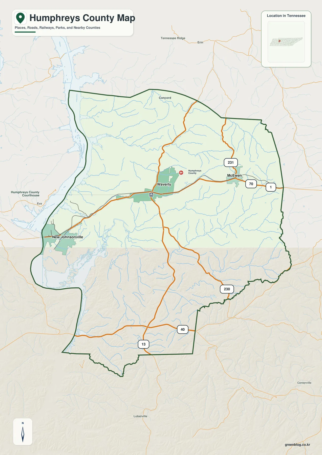 Humphreys County Tennessee map with Waverly, McEwen, New Johnsonville and Routes 13, 40, 70, 230 and 231