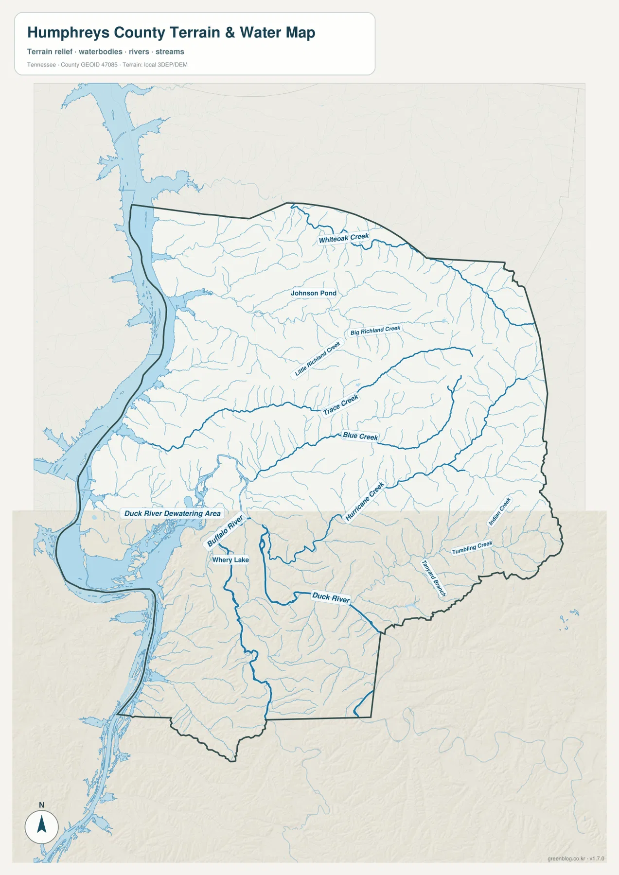 Humphreys County Tennessee water map with Duck River, Buffalo River, Blue Creek, Richland Creek, Whiteoak Creek and Hurricane Creek