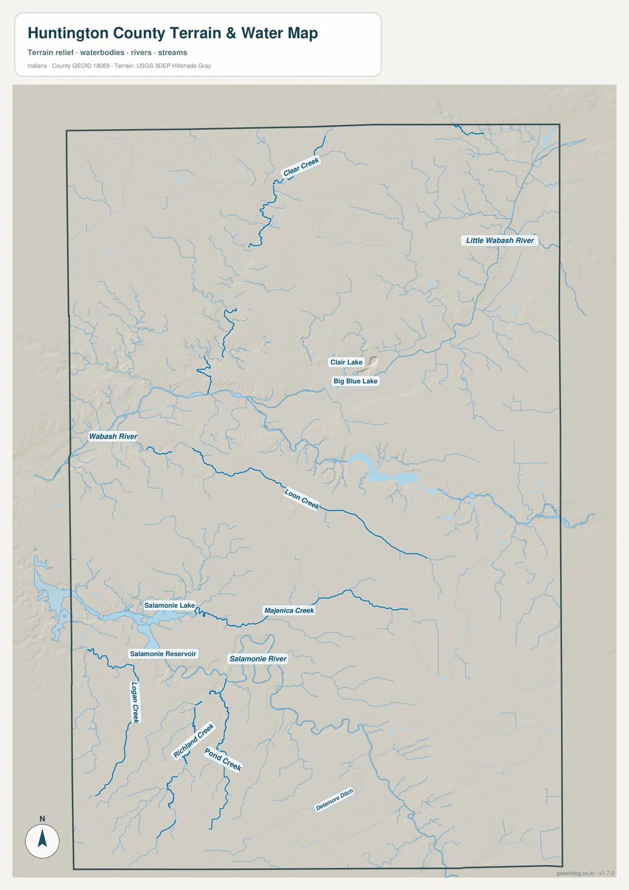Huntington County 수역·지형 지도에 Wabash River, Little Wabash River, Clear Creek, Salamonie River, Salamonie Reservoir와 Salamonie Lake가 표시된 모습