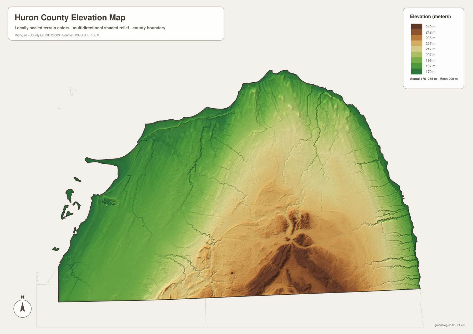 Huron County Michigan elevation map showing low Saginaw Bay and Lake Huron shorelines with higher south-central inland terrain