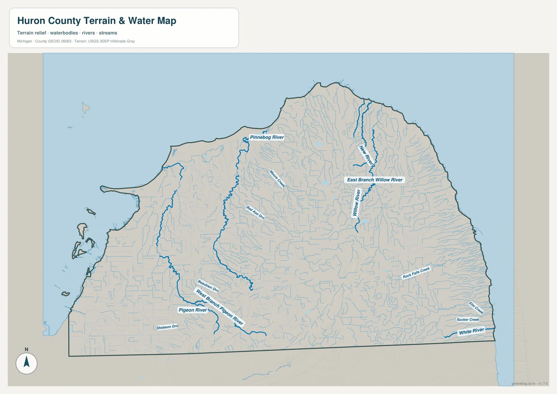 Huron County terrain and water map showing Pinnebog River, Pigeon River, West Branch Pigeon River, Willow River, East Branch Willow River, New River, White River, Sucker Creek, Elm Creek and the Lake Huron and Saginaw Bay shorelines