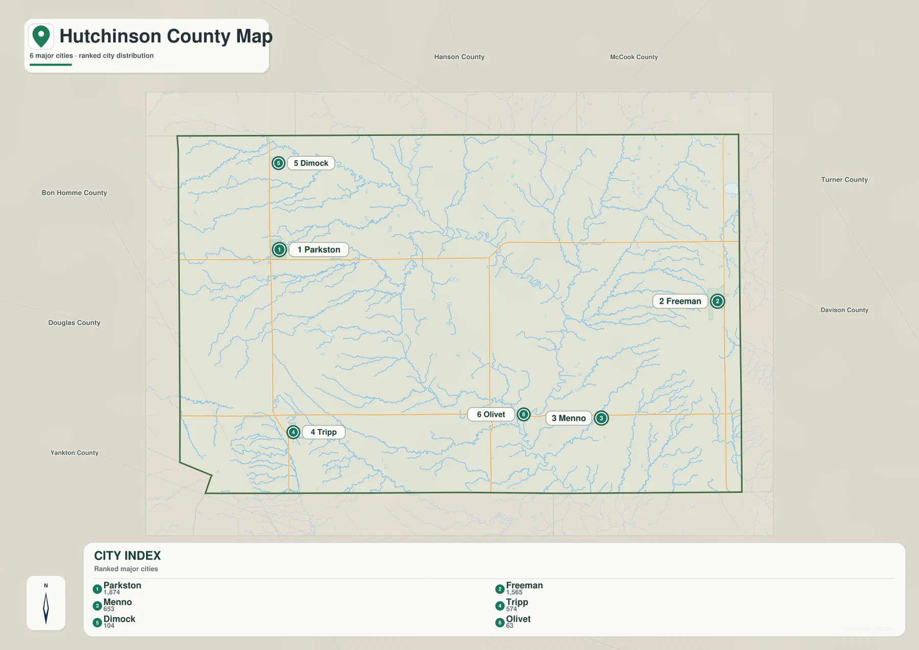 Hutchinson County 도시 분포 지도에서 Parkston, Freeman, Menno, Tripp, Dimock, Olivet의 상대 위치를 표시한 모습