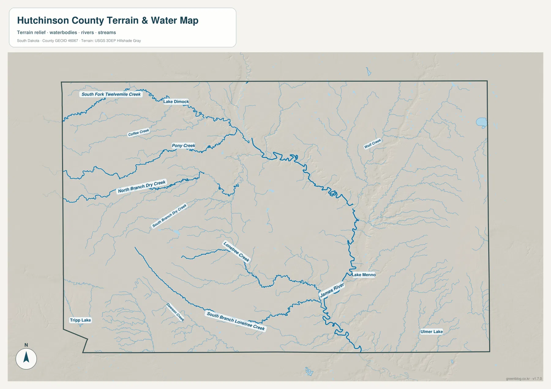 Hutchinson County 수역 지형 지도에서 James River, South Fork Twelvemile Creek, Pony Creek, Dry Creek 지류와 Lone Tree Creek를 표시한 모습