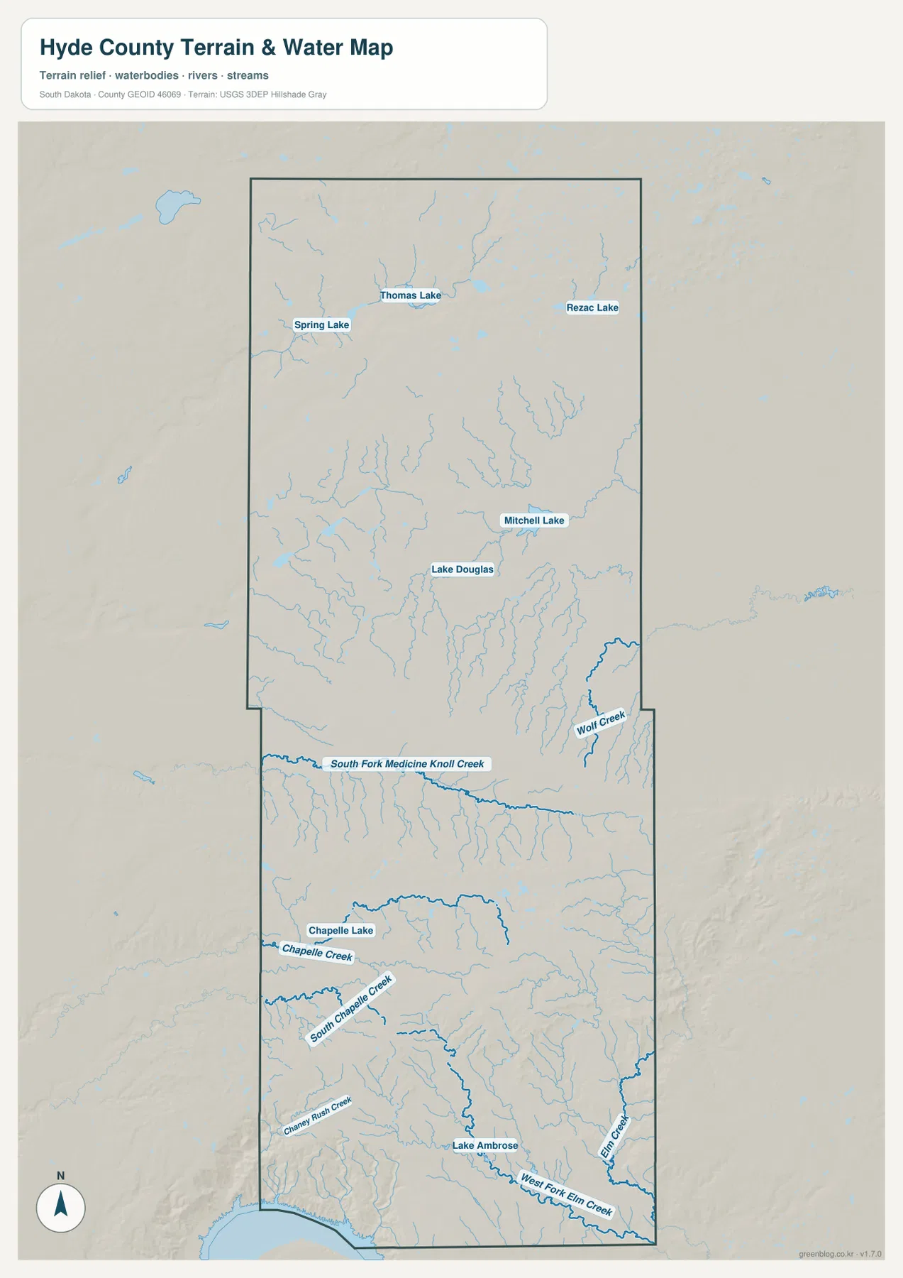 Hyde County 수역 지형 지도에서 Spring Lake, Thomas Lake, Rezac Lake, Lake Douglas, Chapelle Creek, Elm Creek와 Lake Ambrose를 표시한 모습