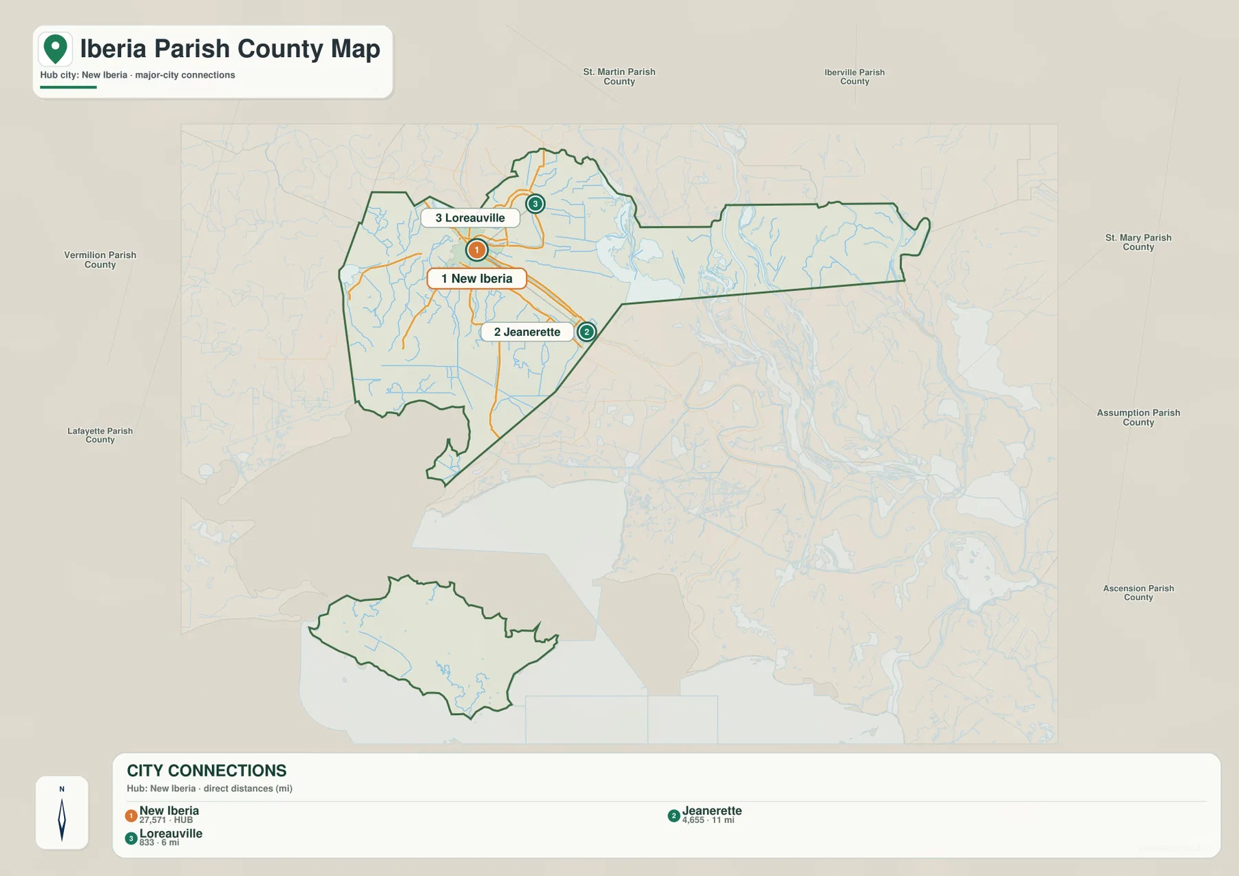 Iberia Parish city connections map linking New Iberia with Loreauville and Jeanerette