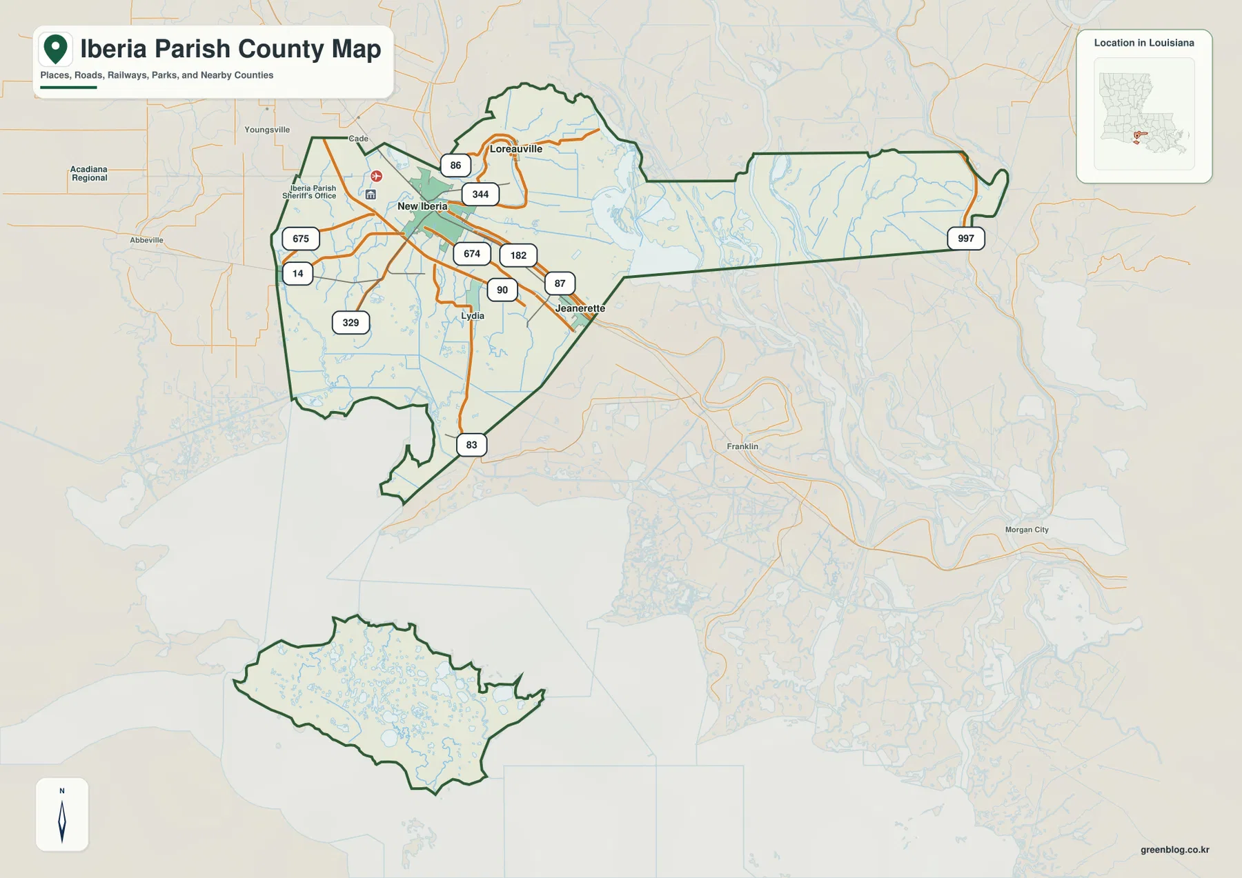 Iberia Parish map showing New Iberia, Loreauville, Jeanerette, U.S. 90, and major state highways