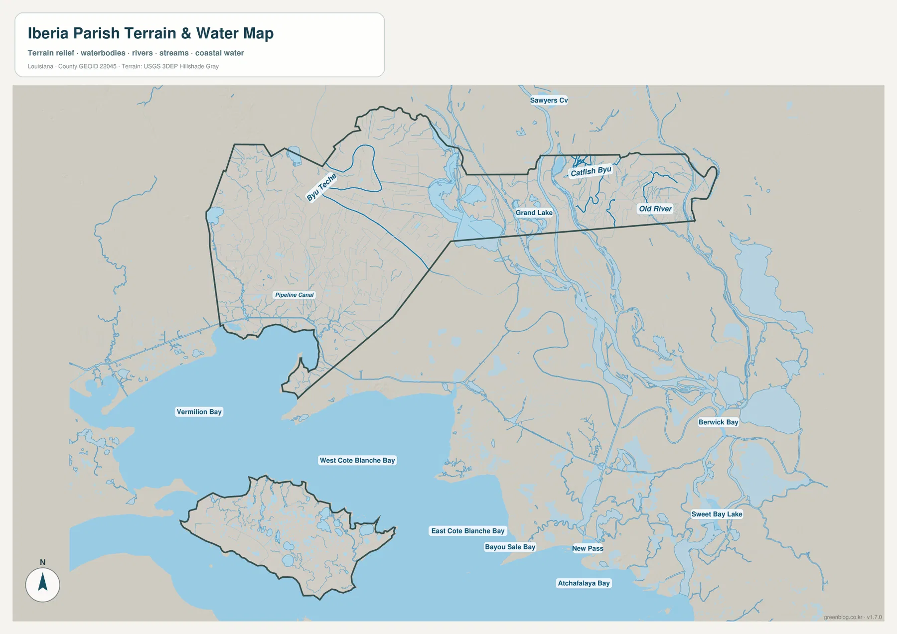 Iberia Parish terrain and water map showing Bayou Teche, Grand Lake, Old River, coastal bays, and Marsh Island