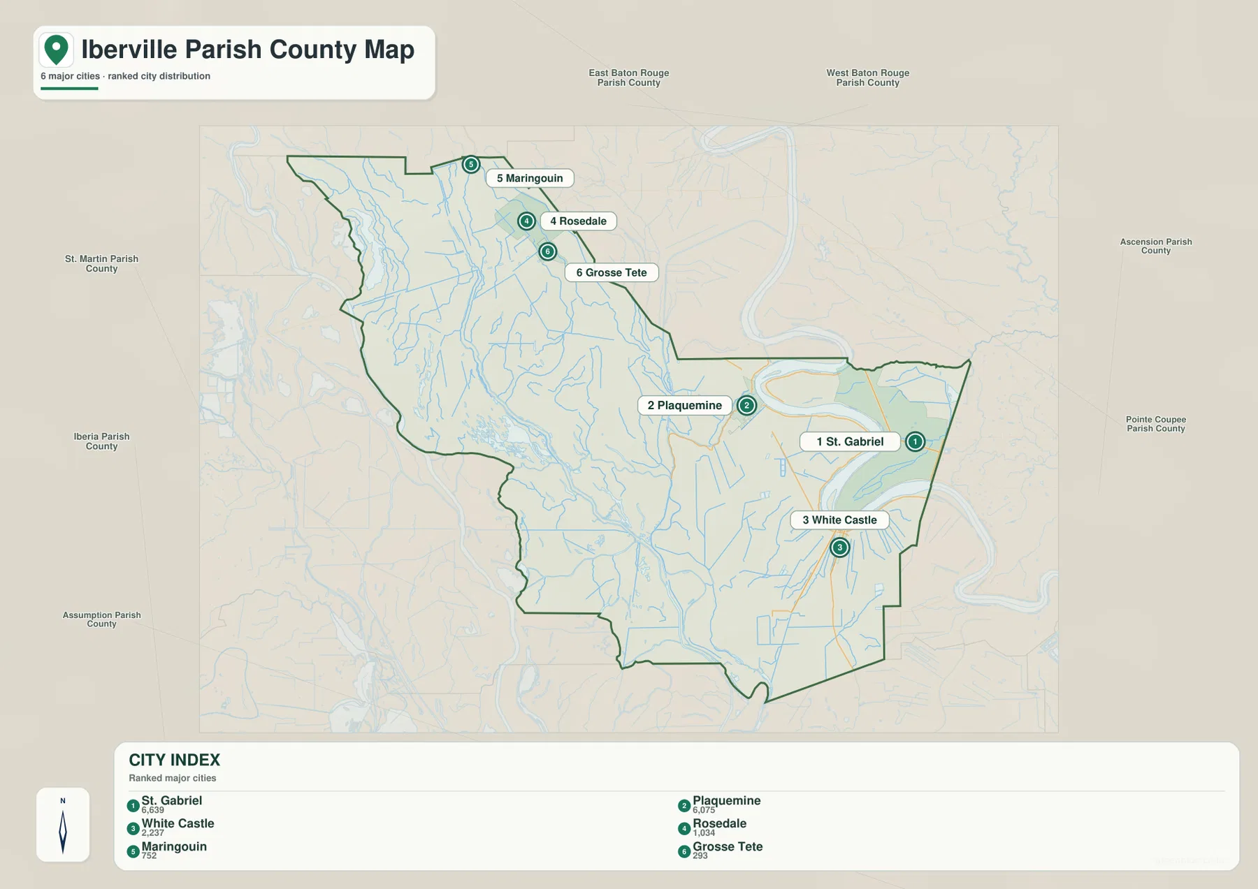 Iberville Parish city distribution map with St. Gabriel, Plaquemine, White Castle, Rosedale, Maringouin, and Grosse Tete