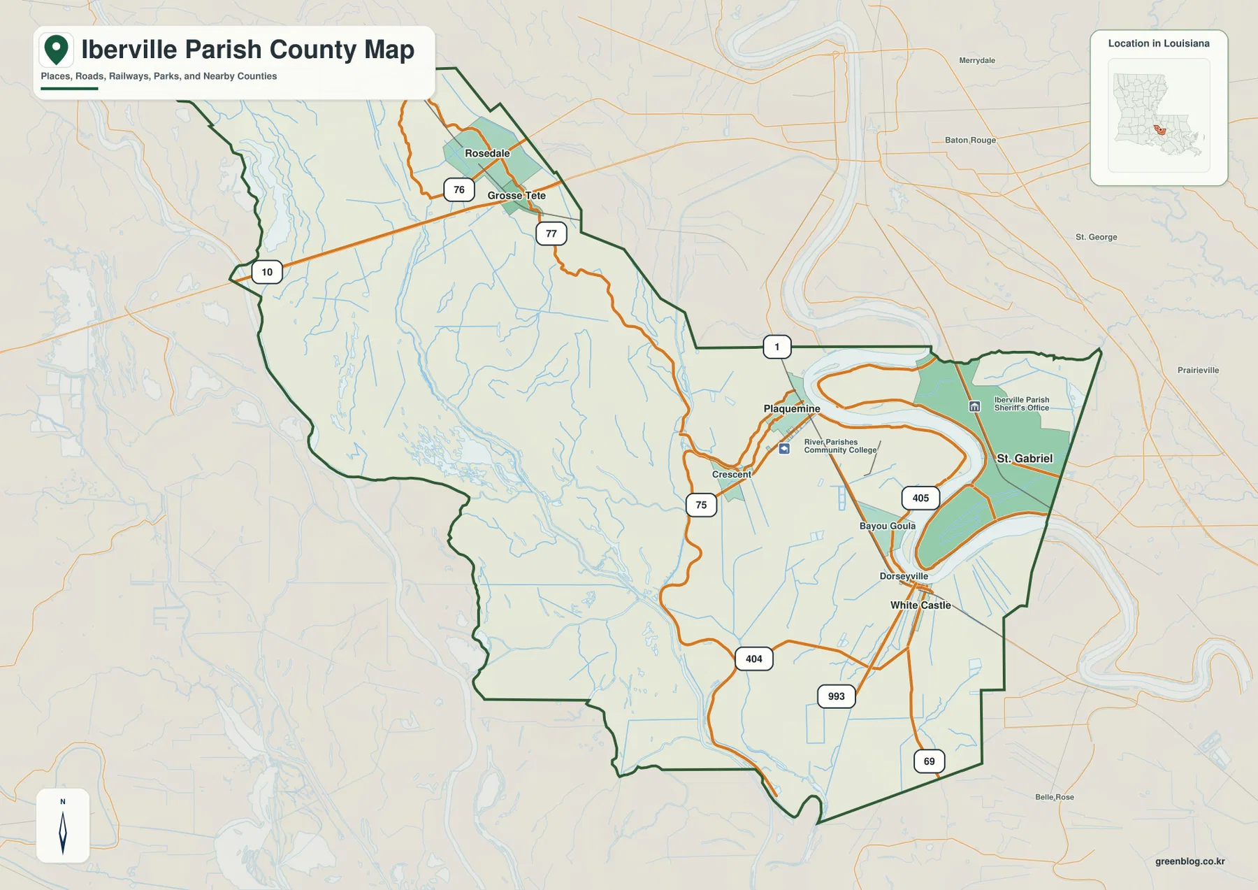 Iberville Parish map showing Plaquemine, St. Gabriel, White Castle, the Mississippi River, and major highways