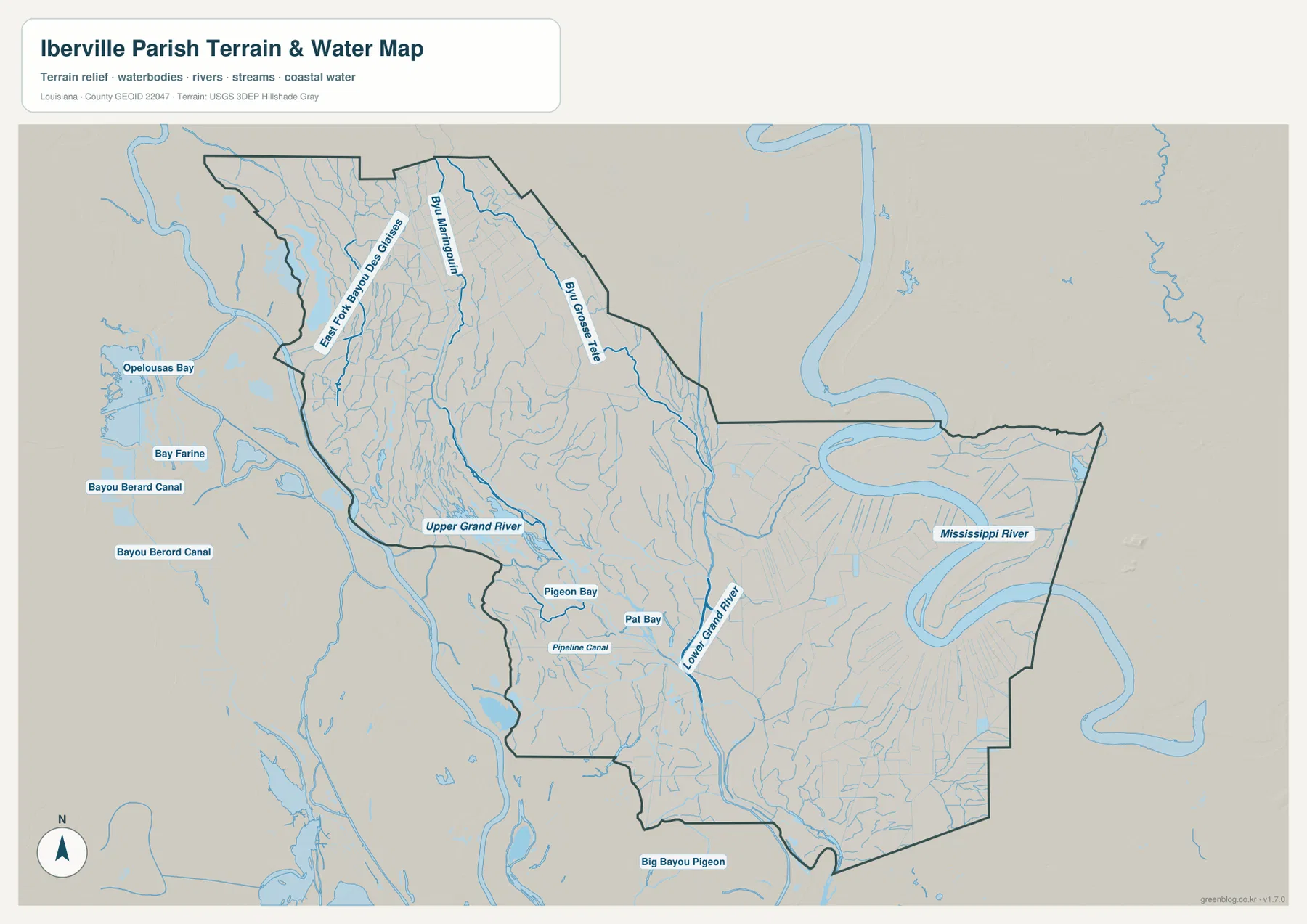 Iberville Parish terrain and water map showing the Mississippi River, Grand River, Bayou Grosse Tete, Bayou Maringouin, and Big Bayou Pigeon
