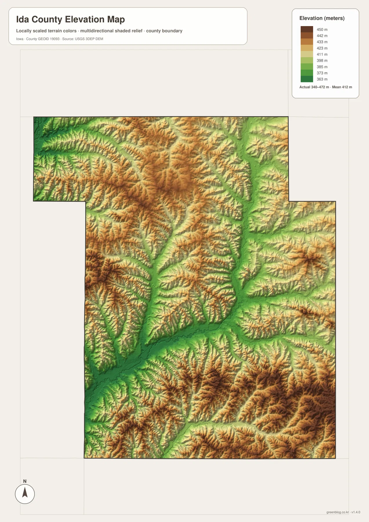 Ida County Iowa elevation map 340 472 meters Battle Creek Maple River Soldier River ridges