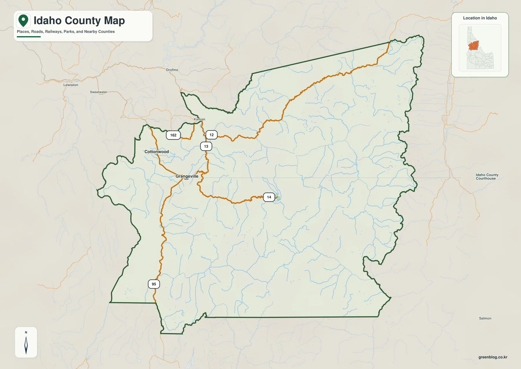 Grangeville, Cottonwood, Kamiah, US 95, US 12와 Idaho County 경계를 표시한 아이다호 카운티 지도