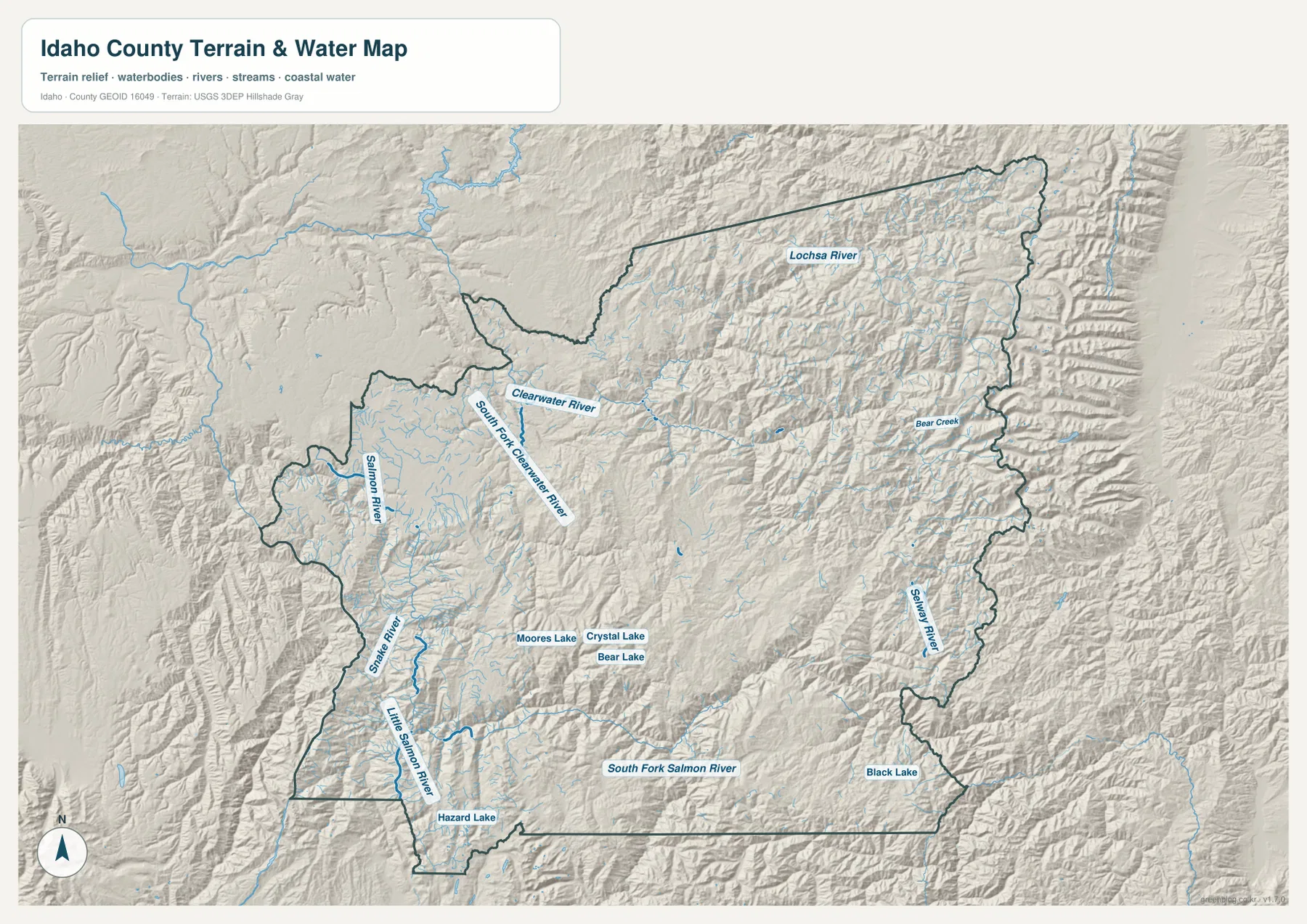 Clearwater River, Salmon River, Lochsa River, Selway River와 여러 호수가 표시된 Idaho County 수역 지형 지도