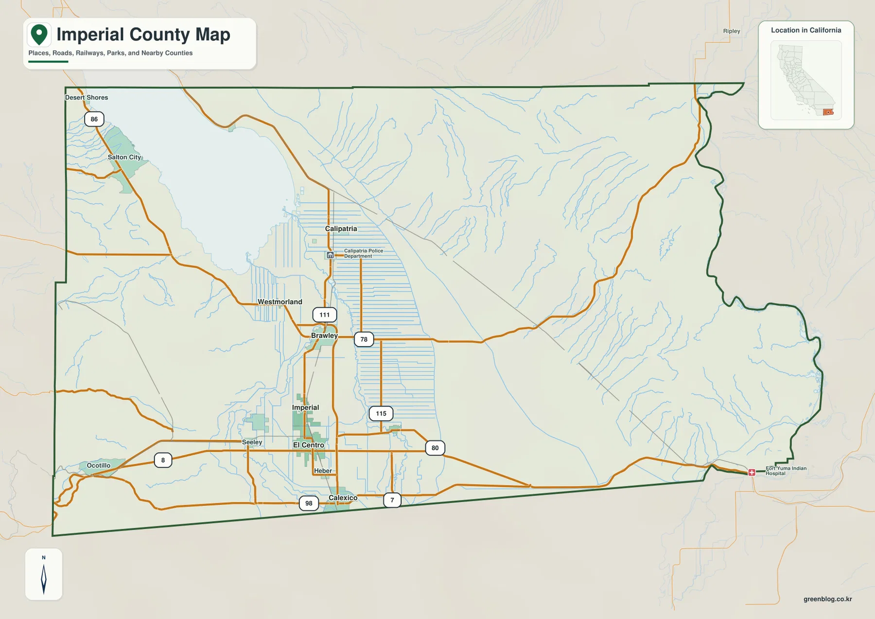 Imperial County California reference map showing El Centro, Calexico, Brawley, Imperial, Calipatria, Holtville, Salton Sea, highways, canals, and county boundary
