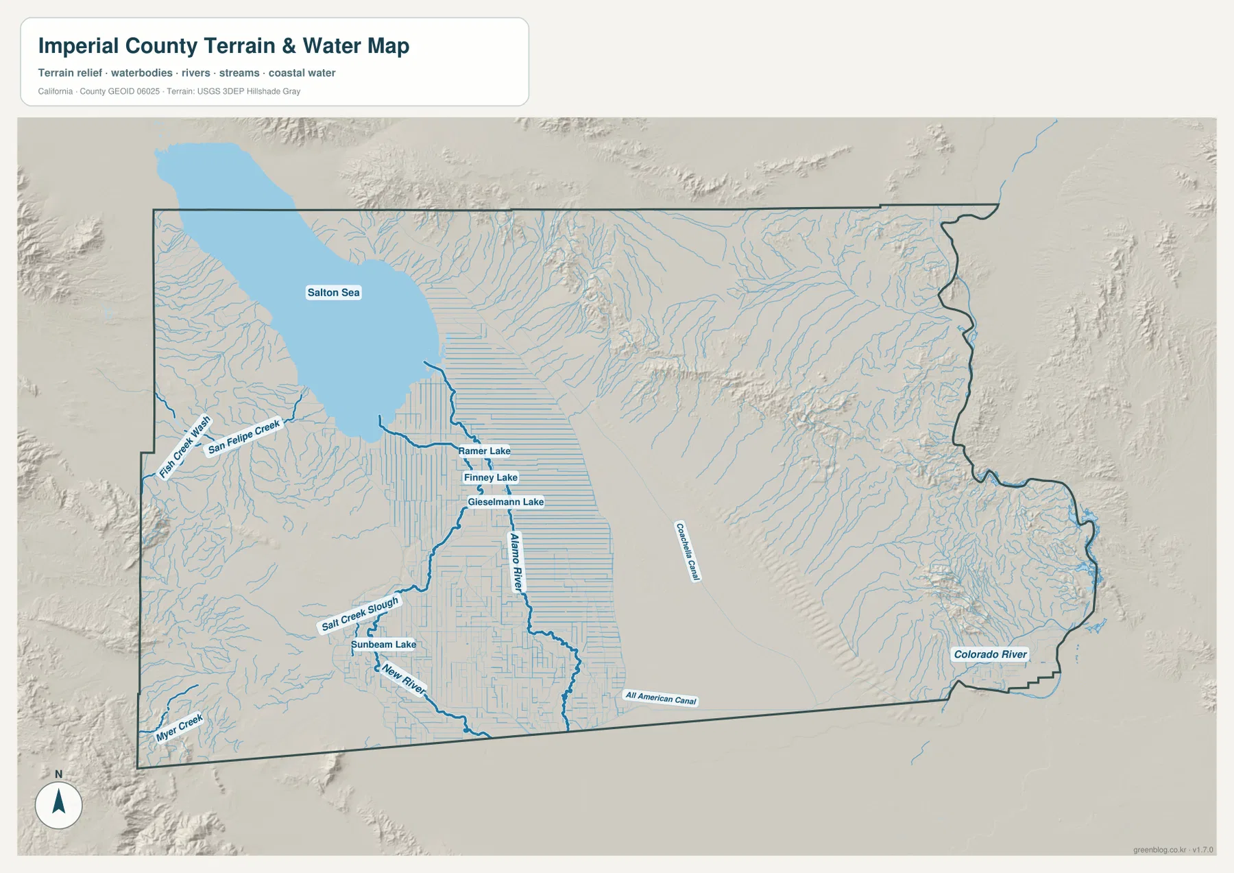 Imperial County terrain and water map showing Salton Sea, Alamo River, New River, All-American Canal, Colorado River, lakes, canals, and desert relief