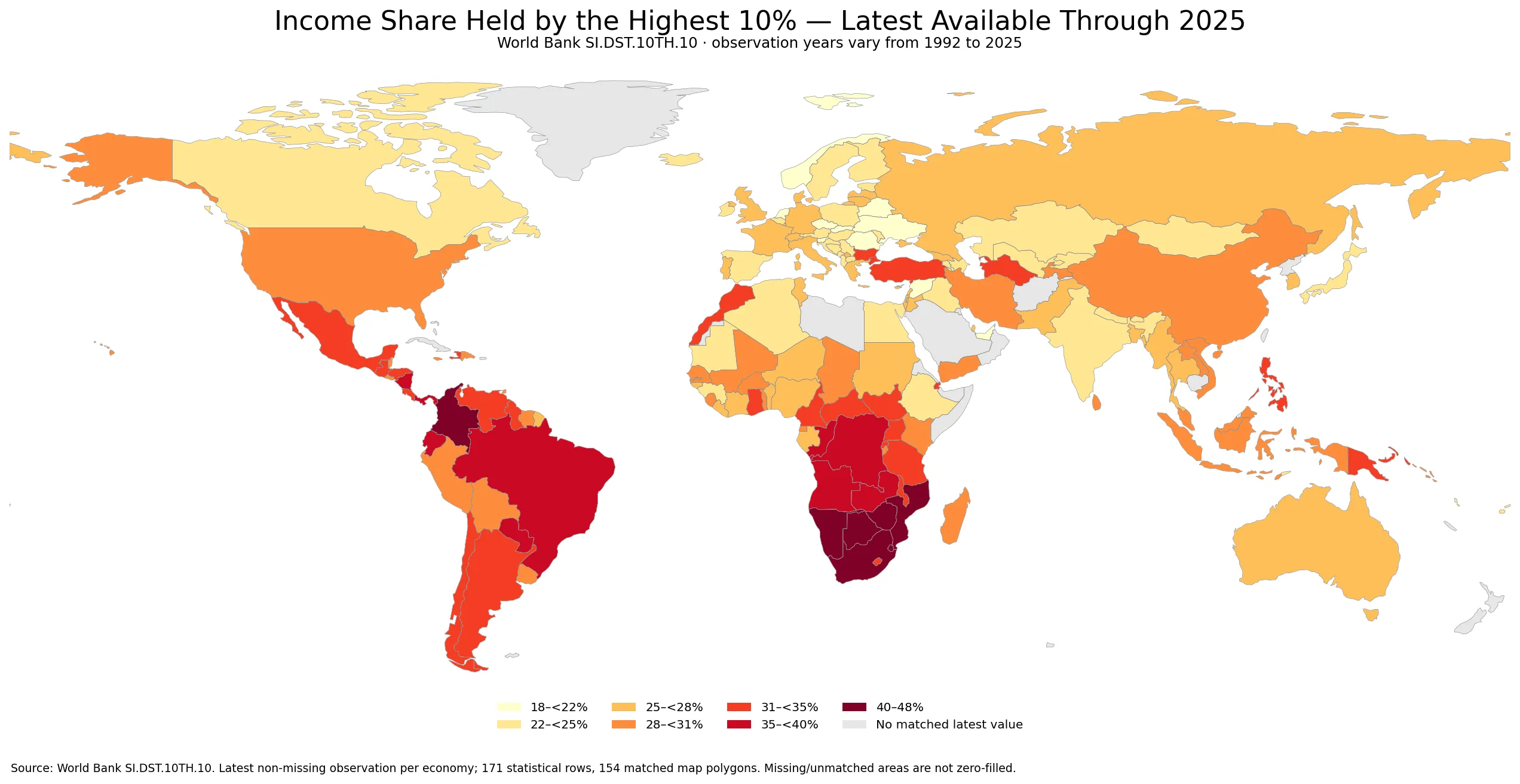 World distribution of the latest available income share held by the highest 10 percent