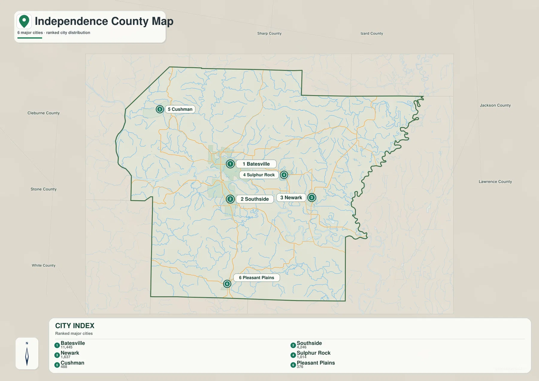 Batesville, Southside, Newark, Sulphur Rock, Cushman, Pleasant Plains의 위치와 순위를 표시한 인디펜던스 카운티 도시 지도