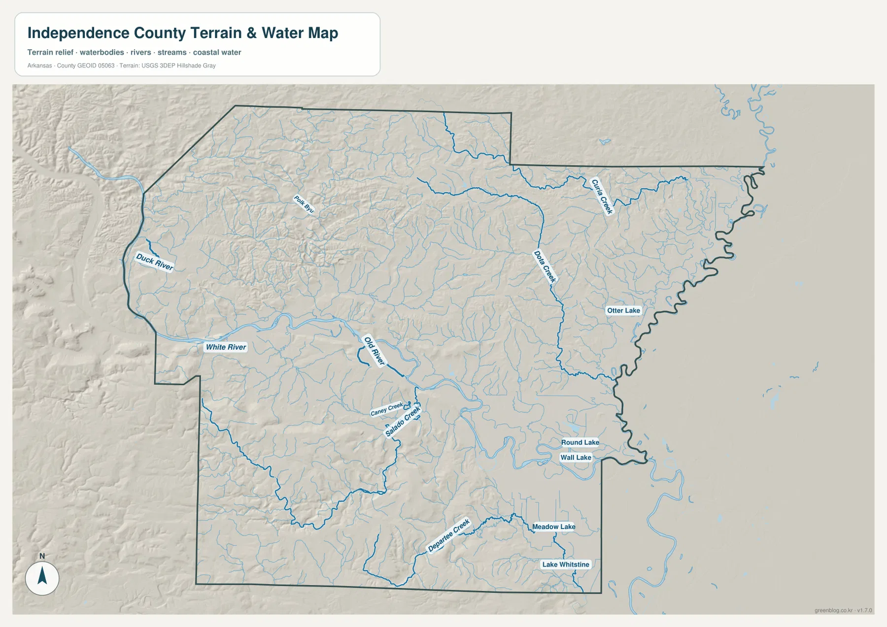 White River, Duck River, Caney Creek, Salado Creek, Departee Creek과 여러 호수를 표시한 인디펜던스 카운티 수역 지형 지도