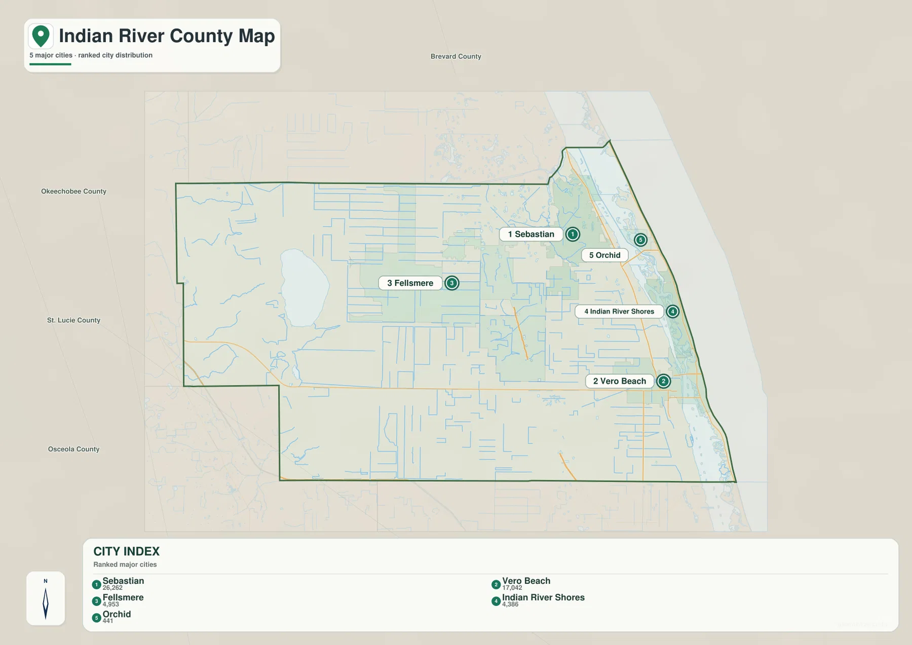Indian River County city map locating Sebastian, Vero Beach, Fellsmere, Indian River Shores and Orchid