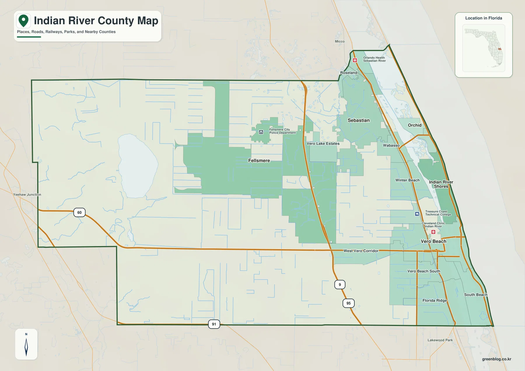 Indian River County map showing Vero Beach, Sebastian, Fellsmere, I-95, SR 60, county boundaries and nearby places