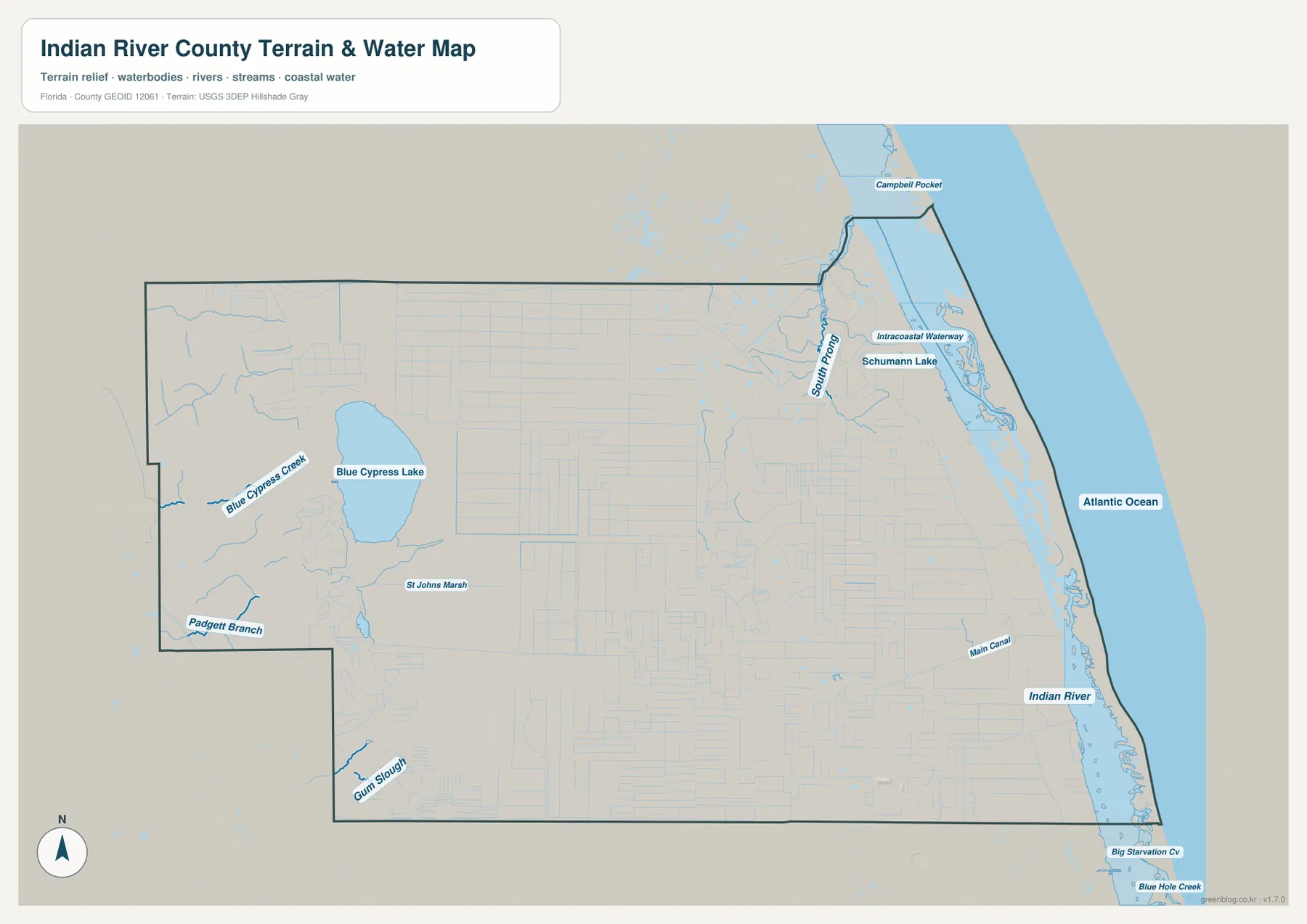 Indian River County water map showing Blue Cypress Lake, St. Johns Marsh, Indian River, Intracoastal Waterway and Atlantic Ocean