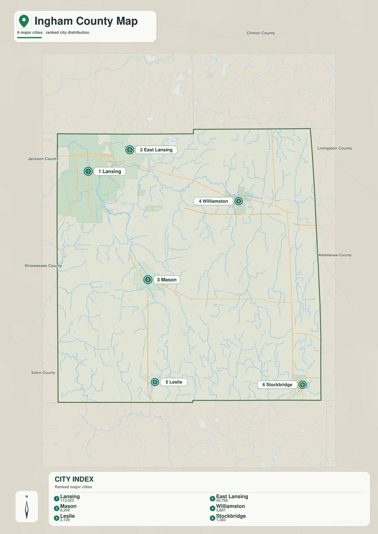 Ingham County Michigan city distribution map with Lansing, East Lansing, Mason, Williamston, Leslie and Stockbridge numbered