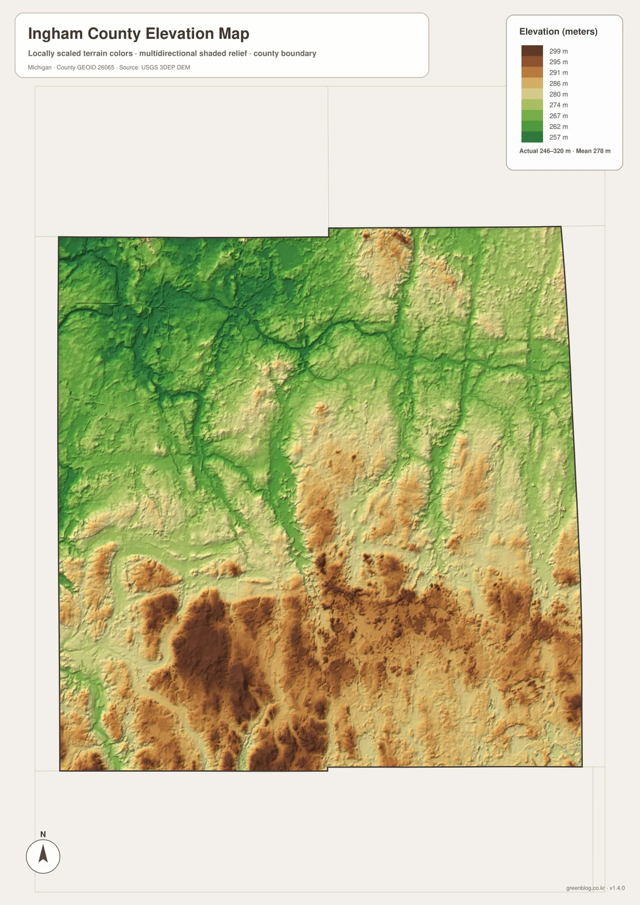 Ingham County Michigan elevation map showing lower Lansing-area terrain, stream valleys, and higher southern and southwestern hills