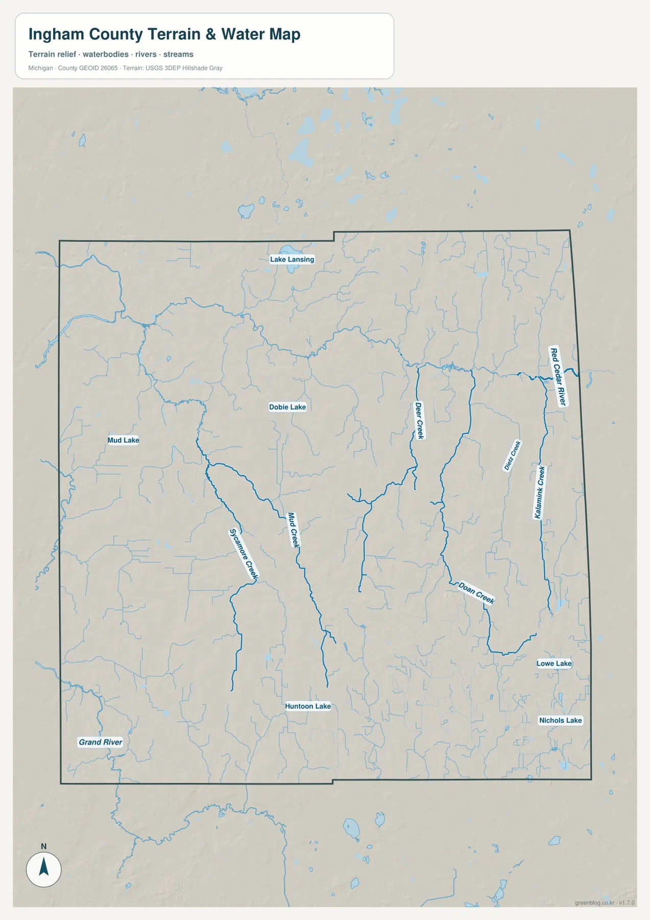 Ingham County terrain and water map showing Lake Lansing, Red Cedar River, Sycamore Creek, Mud Creek, Deer Creek, Doan Creek, Bell Creek, Huntoon Lake, Lowe Lake, Nichols Lake and Grand River