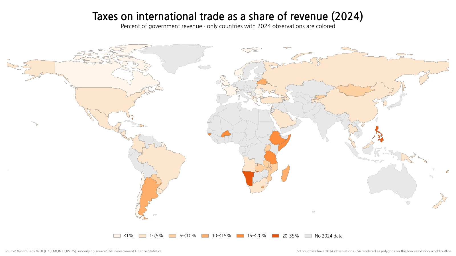 World map of taxes on international trade as a share of government revenue for countries with 2024 observations