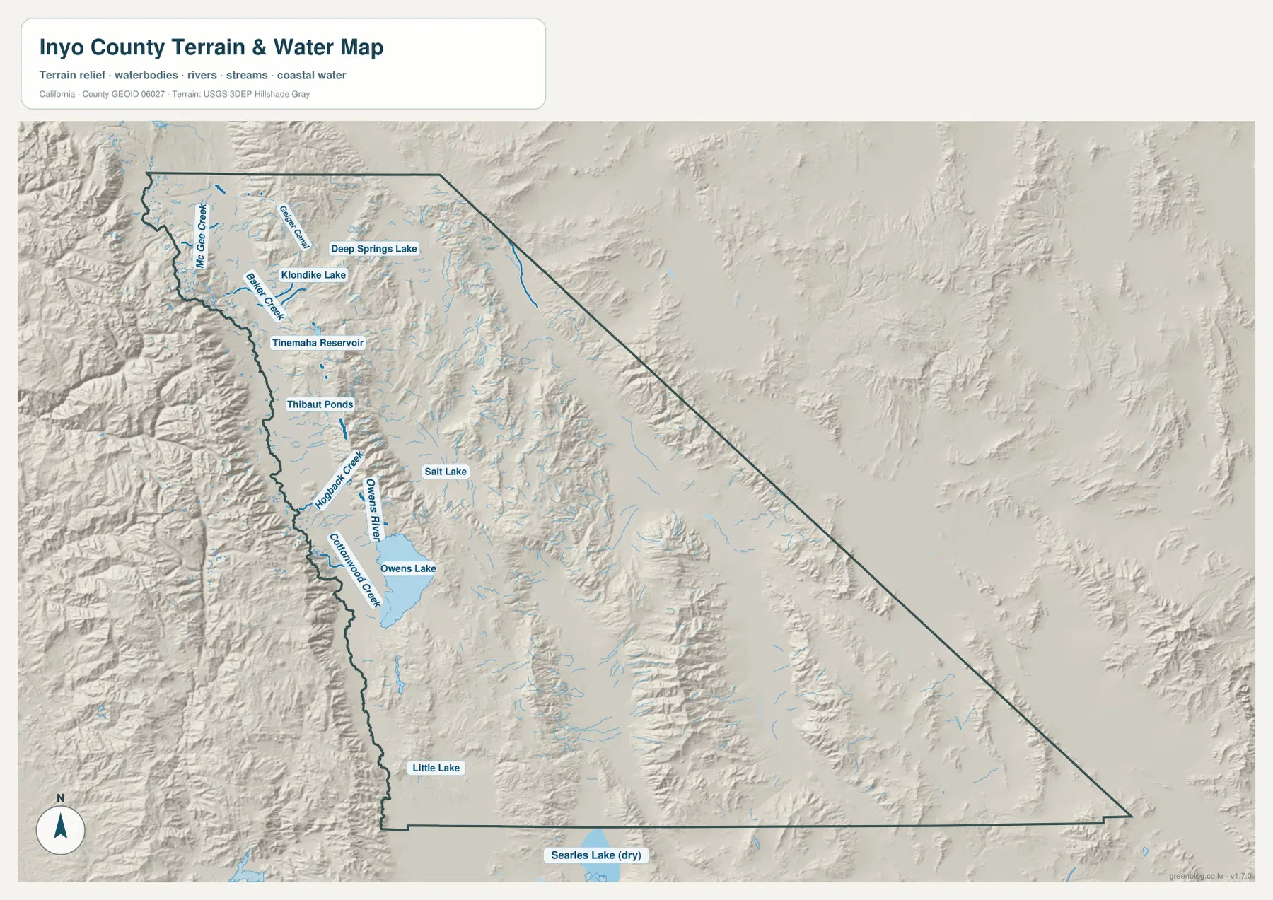 Owens River, Tinemaha Reservoir, Owens Lake, Deep Springs Lake, Klondike Lake, Salt Lake와 산악 하천이 표시된 인요 카운티 지형 수역 지도