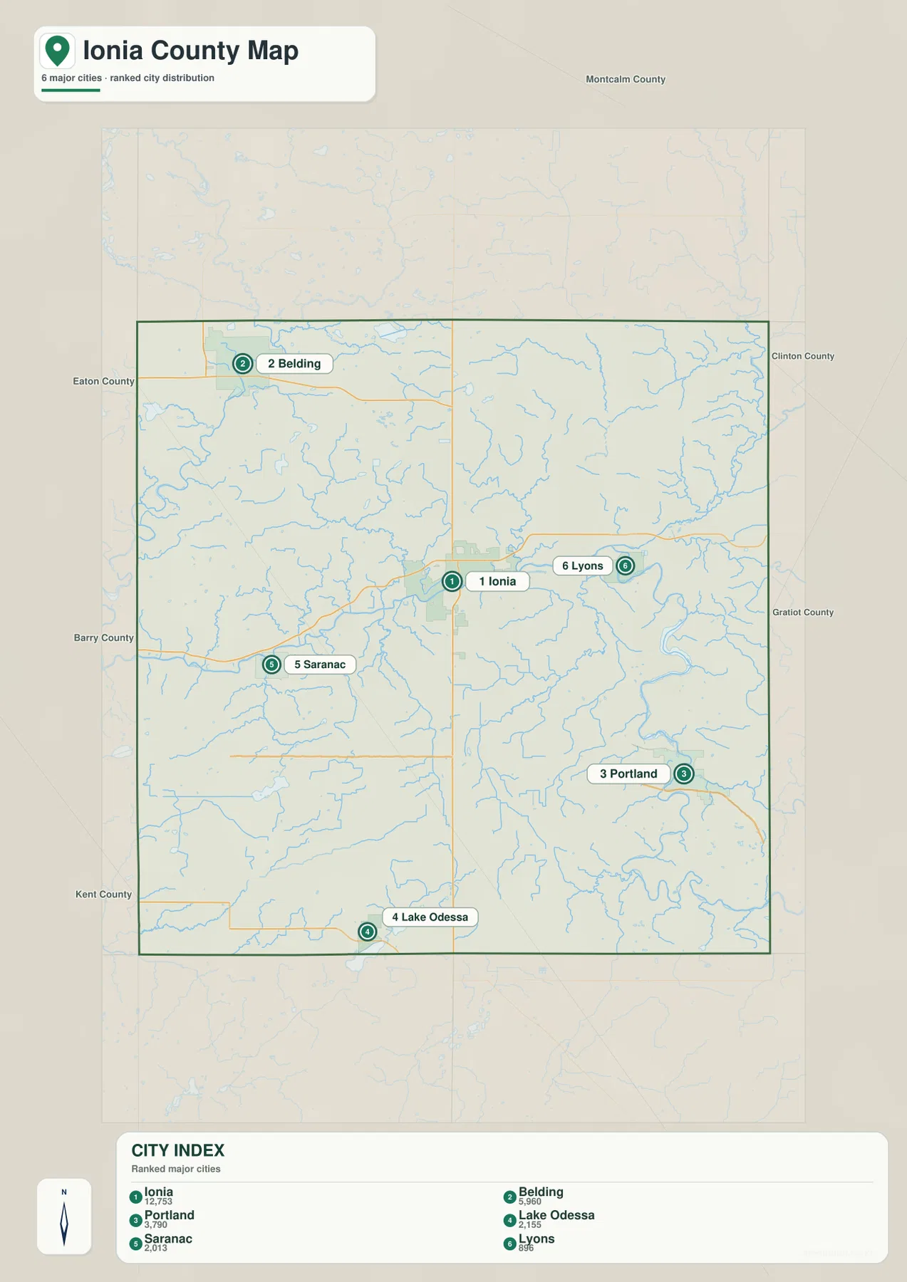 Ionia, Belding, Portland, Lake Odessa, Saranac, Lyons의 위치와 순위를 표시한 아이오니아 카운티 도시 지도