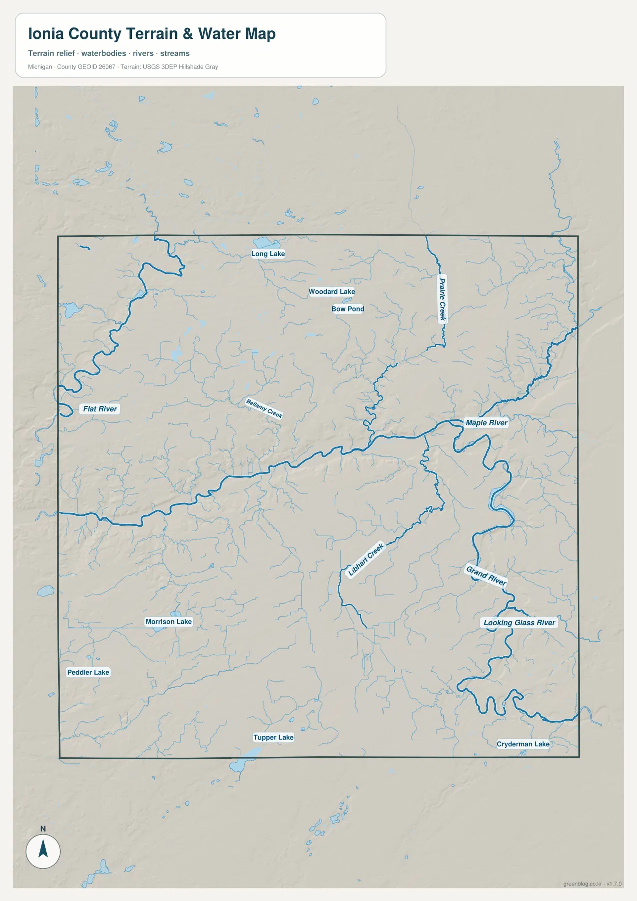 Grand River, Maple River, Flat River, Looking Glass River와 여러 호수를 표시한 아이오니아 카운티 수역 지도