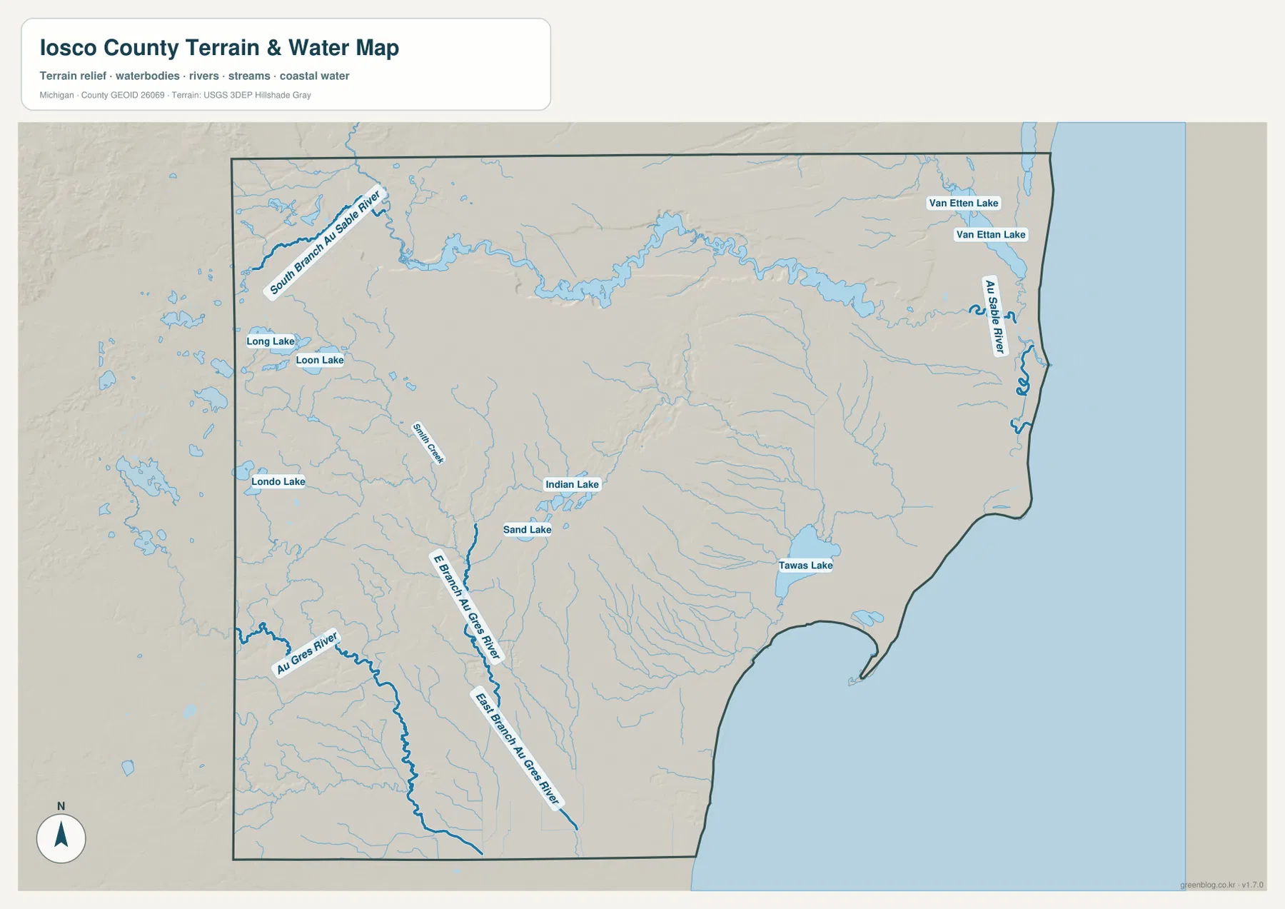 Au Sable River, South Branch Au Sable River, Tawas Lake, Van Etten Lake와 내륙 호수를 표시한 아이오스코 카운티 수역 지도