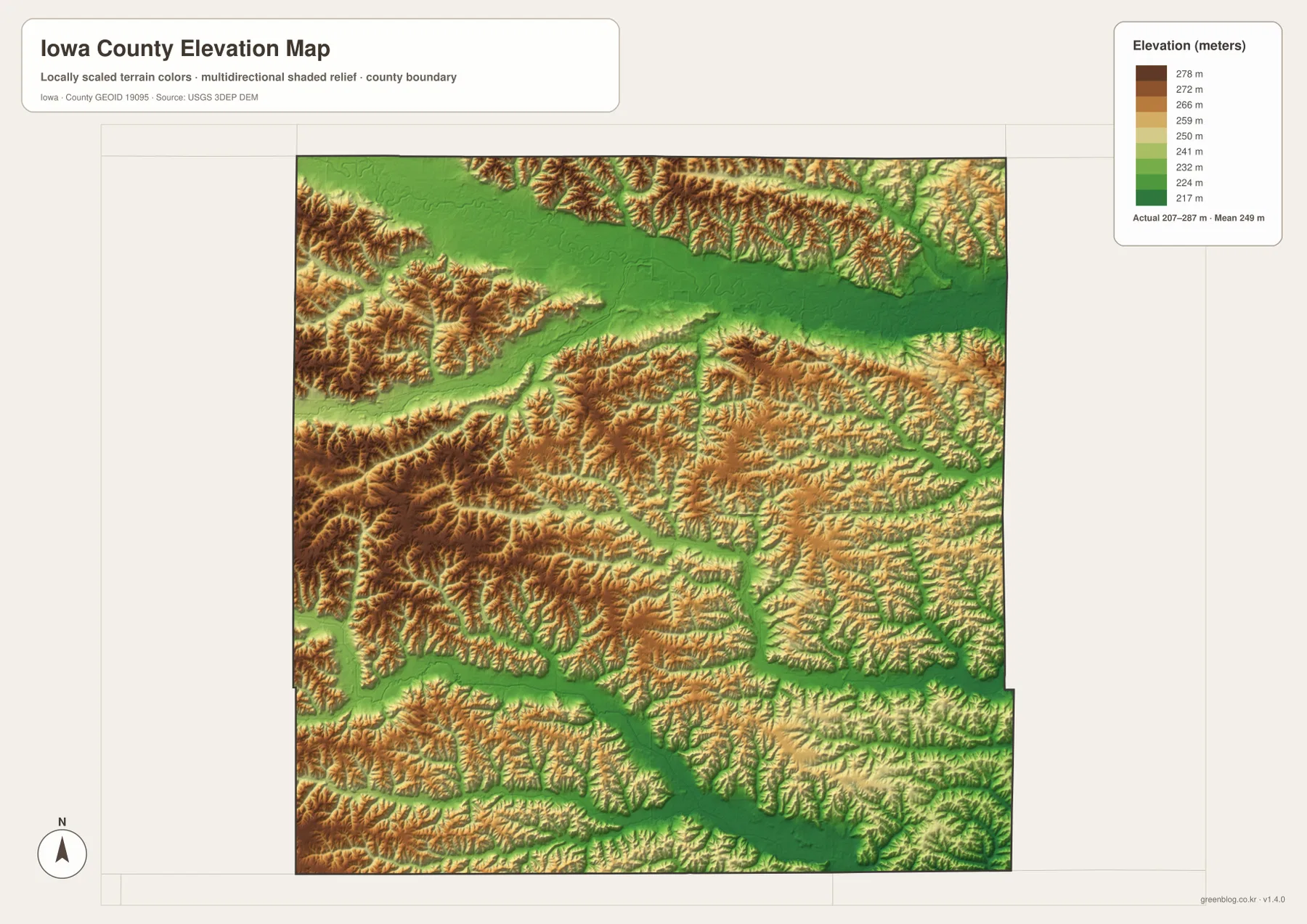 Iowa County Iowa elevation map 207 287 meters Iowa River English River uplands