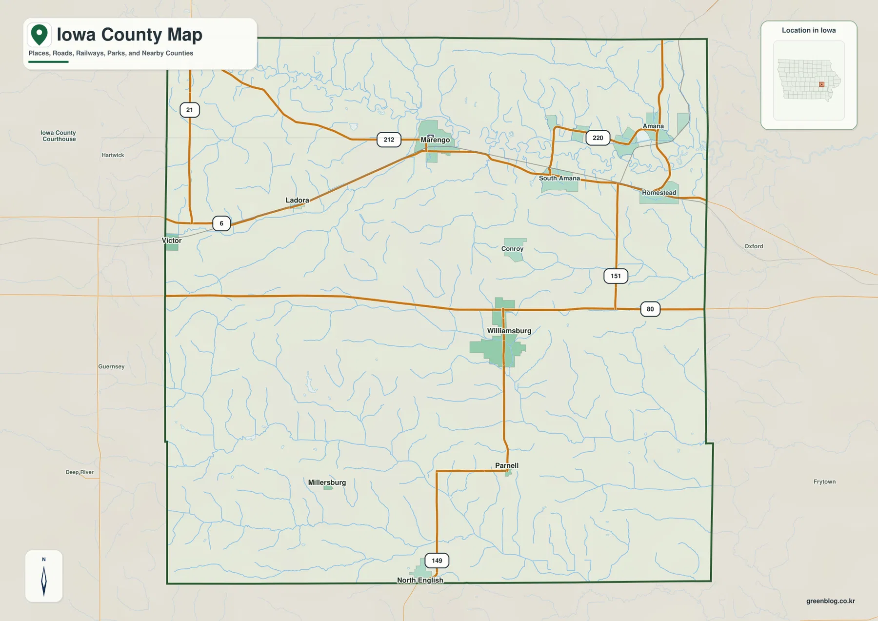 Iowa County Iowa map Williamsburg Marengo I-80 U.S. 151 U.S. 6