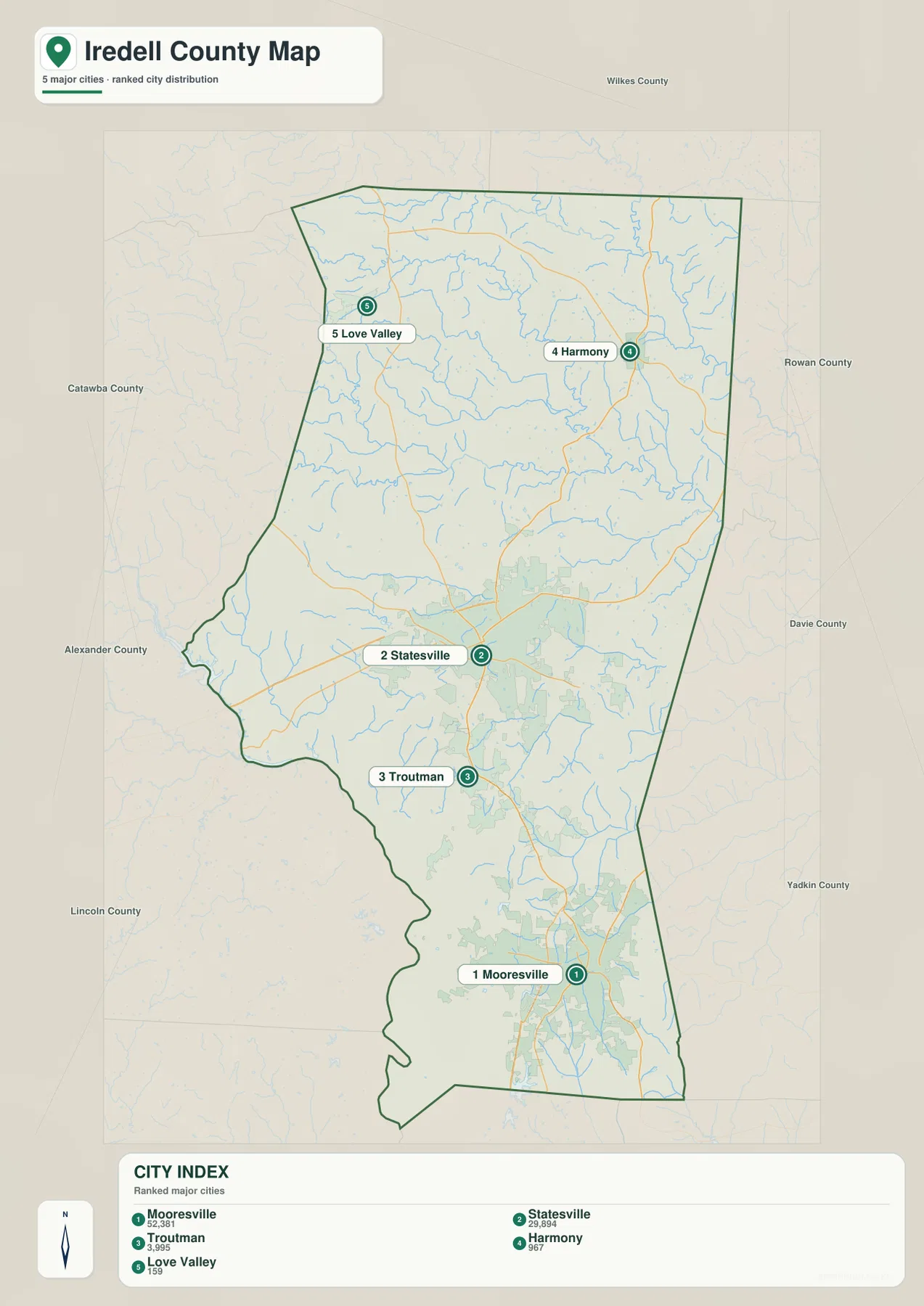 Iredell County city map showing Mooresville, Statesville, Troutman, Harmony, and Love Valley