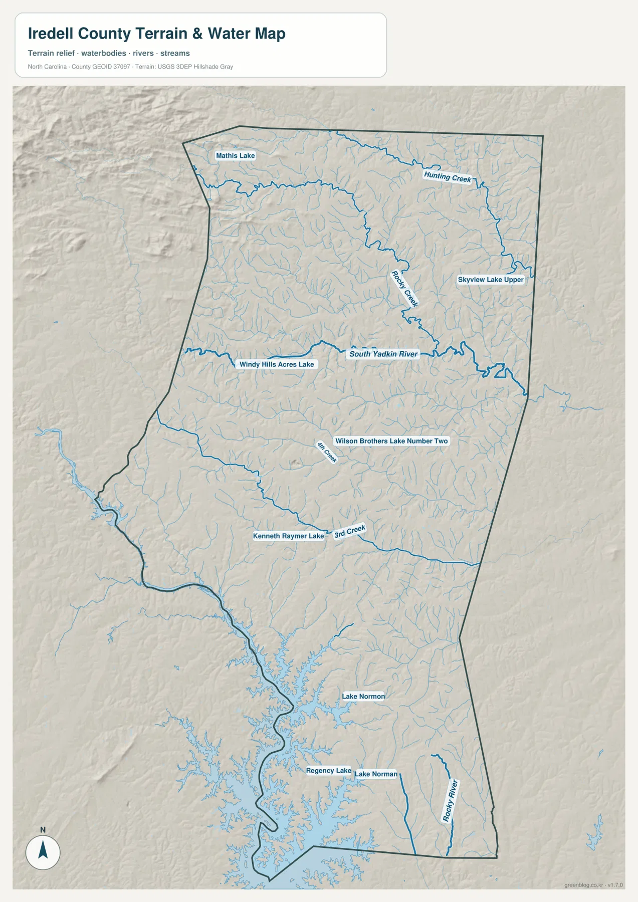 Iredell County terrain and water map showing Lake Norman, South Yadkin River, Rocky Creek, Hunting Creek, and smaller lakes