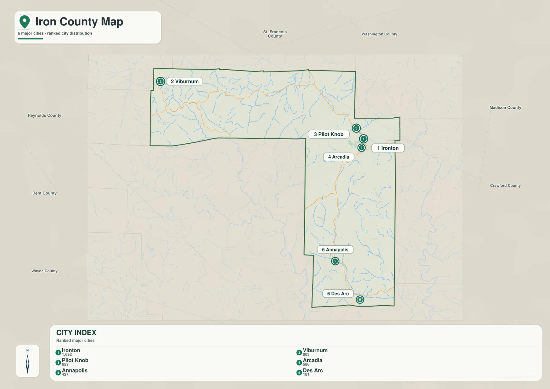 Iron County ranked city distribution map