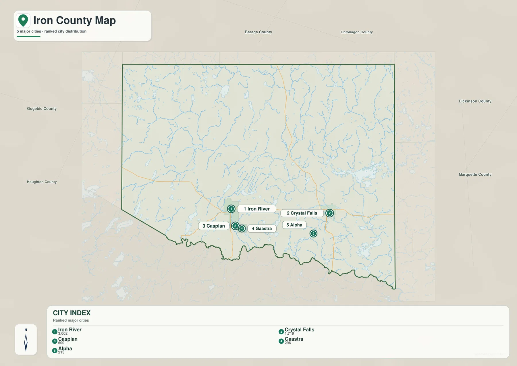 Iron County Michigan city map ranking Iron River, Crystal Falls, Caspian, Gaastra, and Alpha