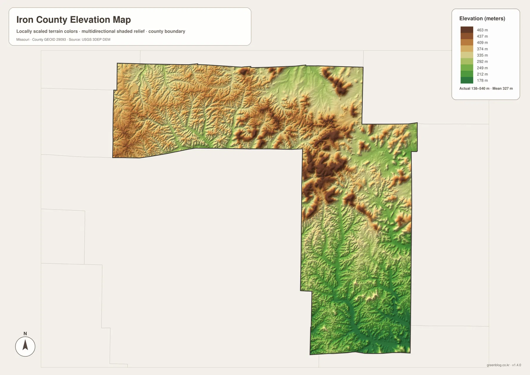 Iron County elevation map from 138 to 540 meters